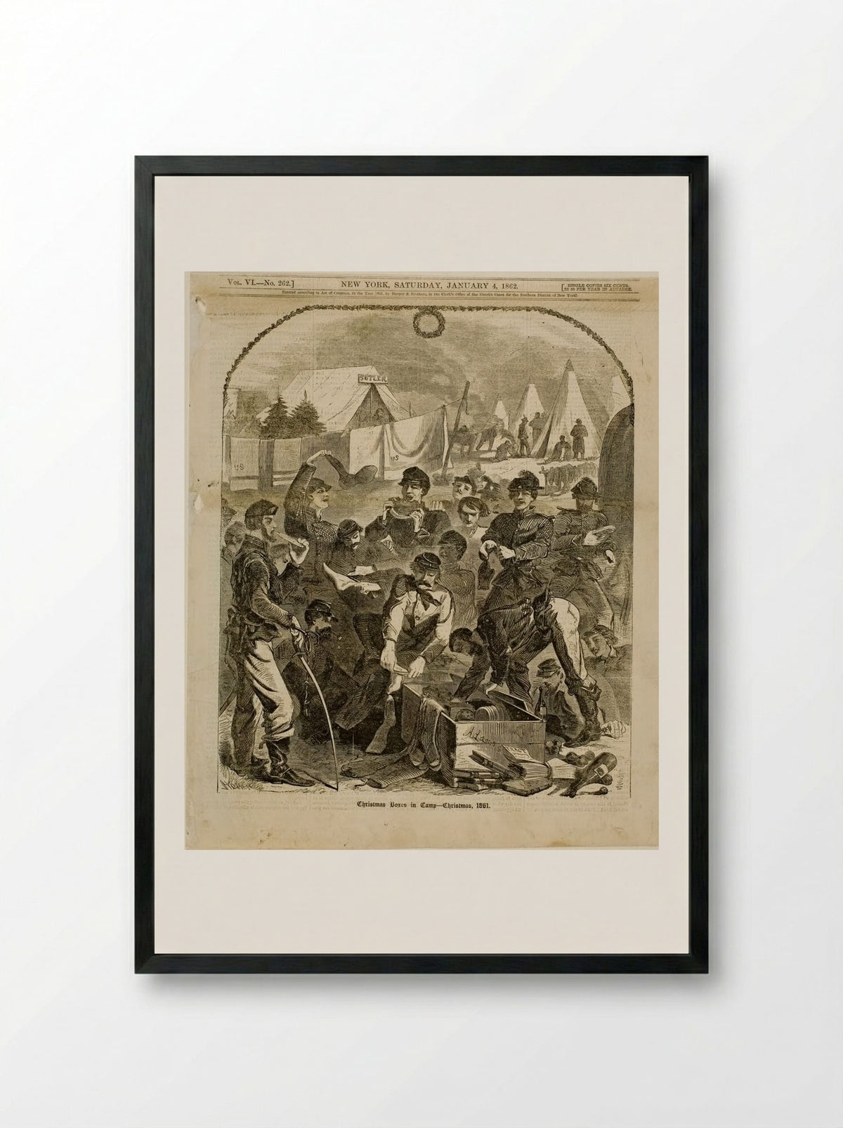Christmas Boxes in Camp - Winslow Homer - Framed Print Black
