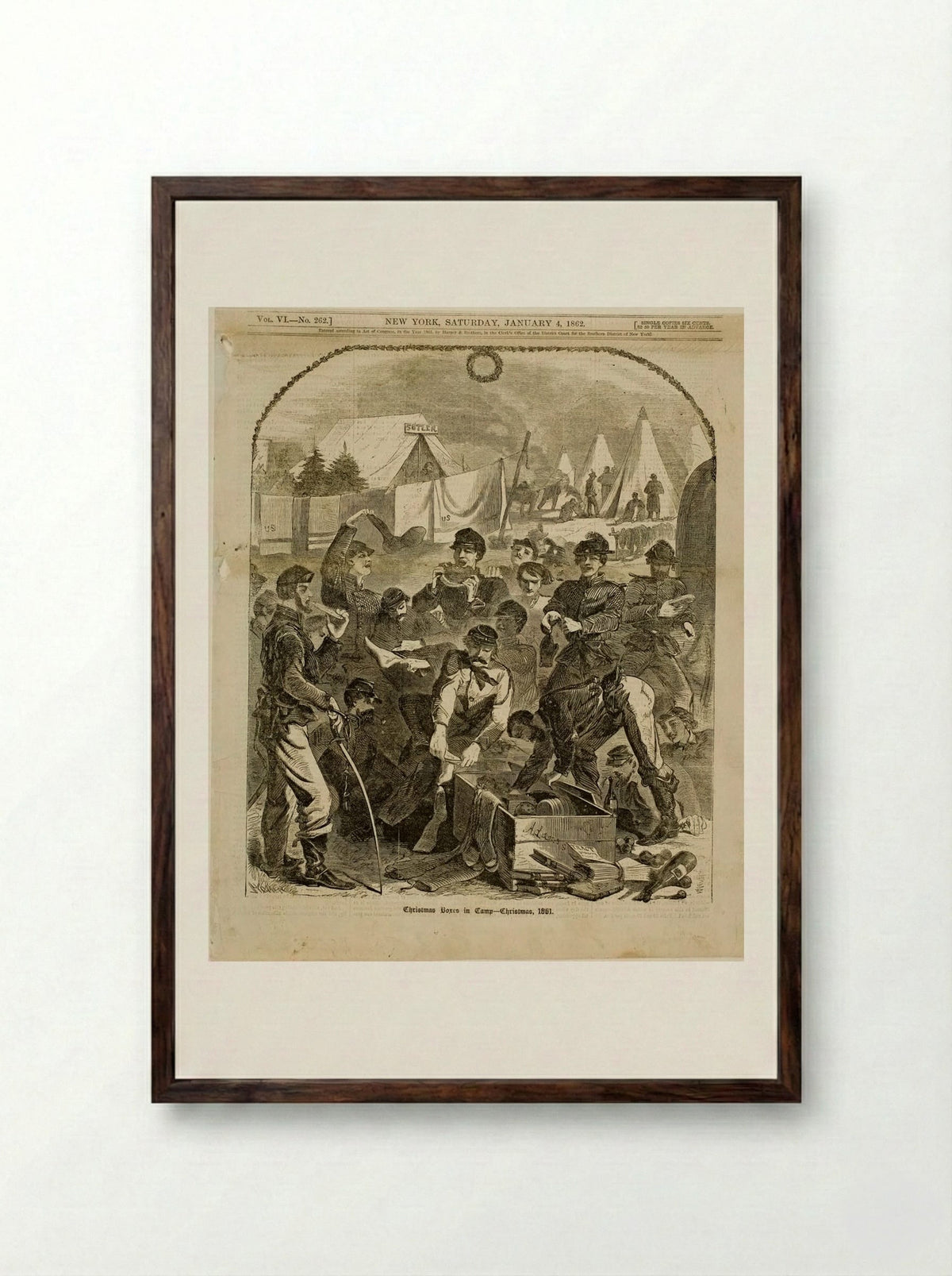 Christmas Boxes in Camp - Winslow Homer - Framed Print Dark Wood