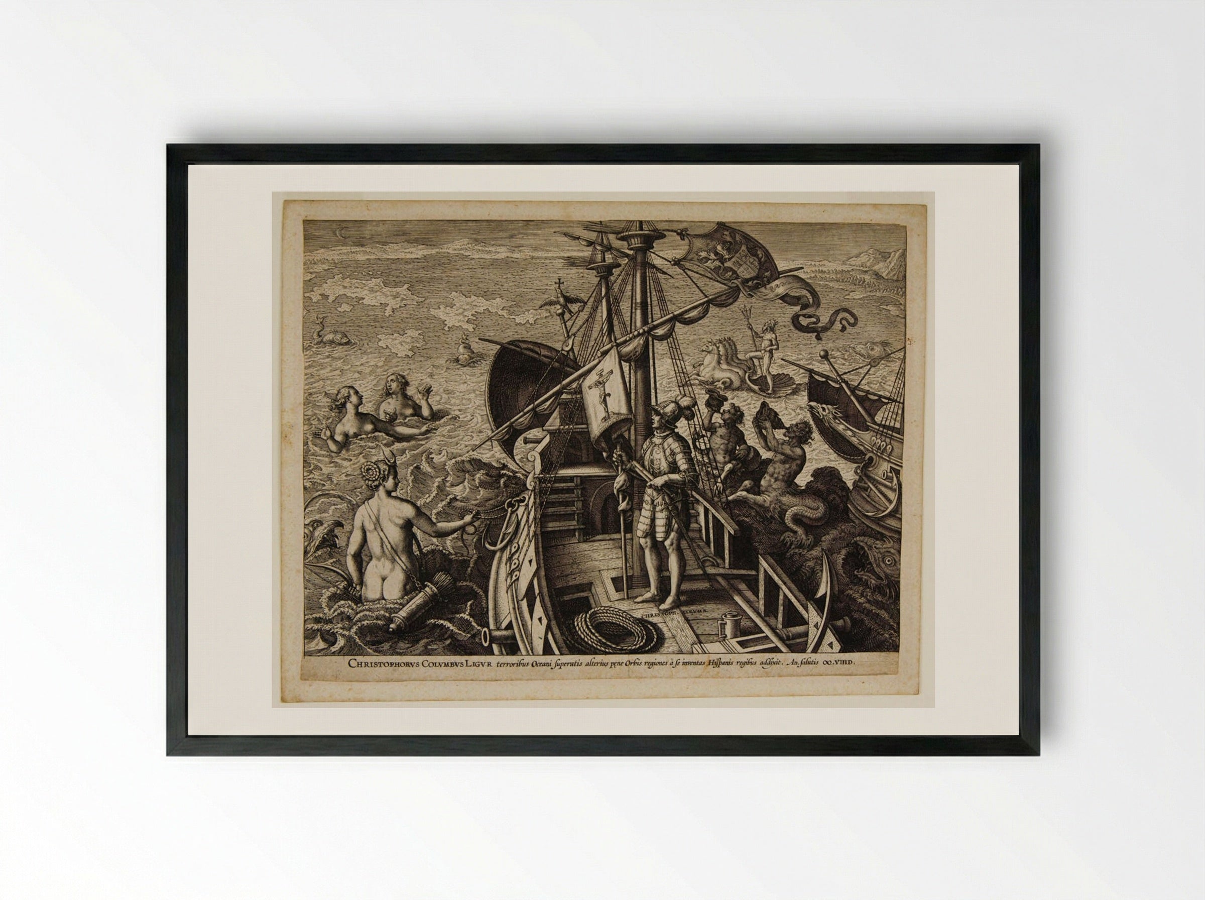 Christopher Columbus on His Ship - Adriaen Collaert - Framed Print Black