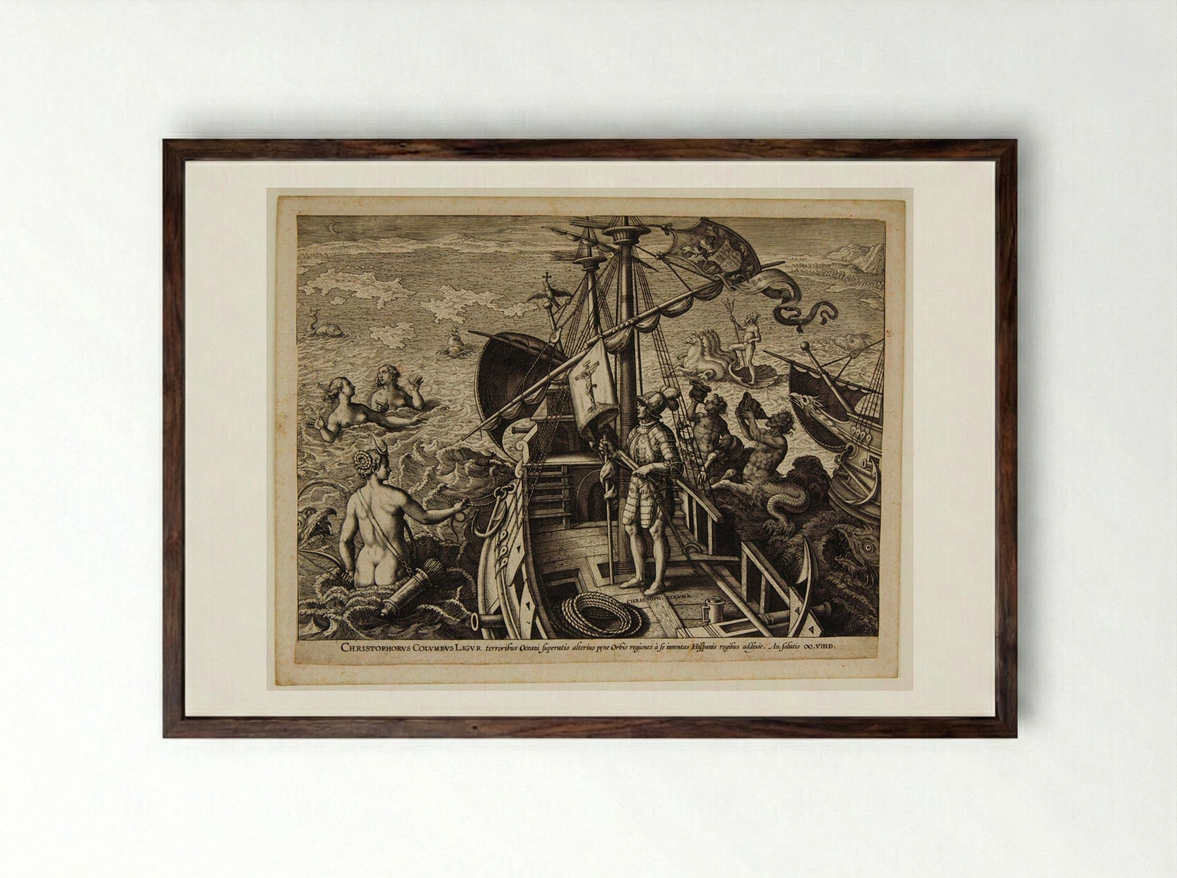 Christopher Columbus on His Ship - Adriaen Collaert - Framed Print Dark Wood