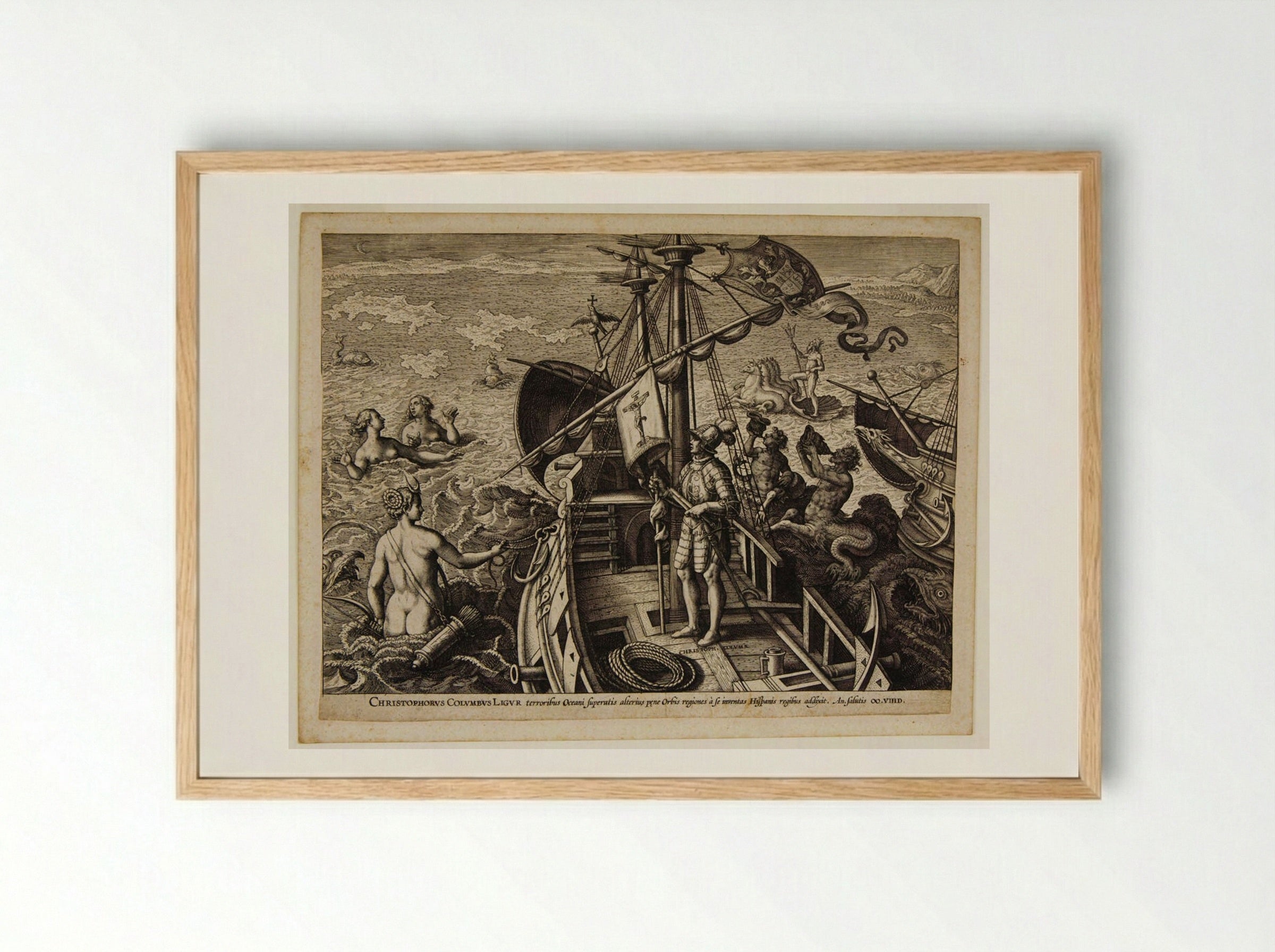 Christopher Columbus on His Ship - Adriaen Collaert - Framed Print Wood