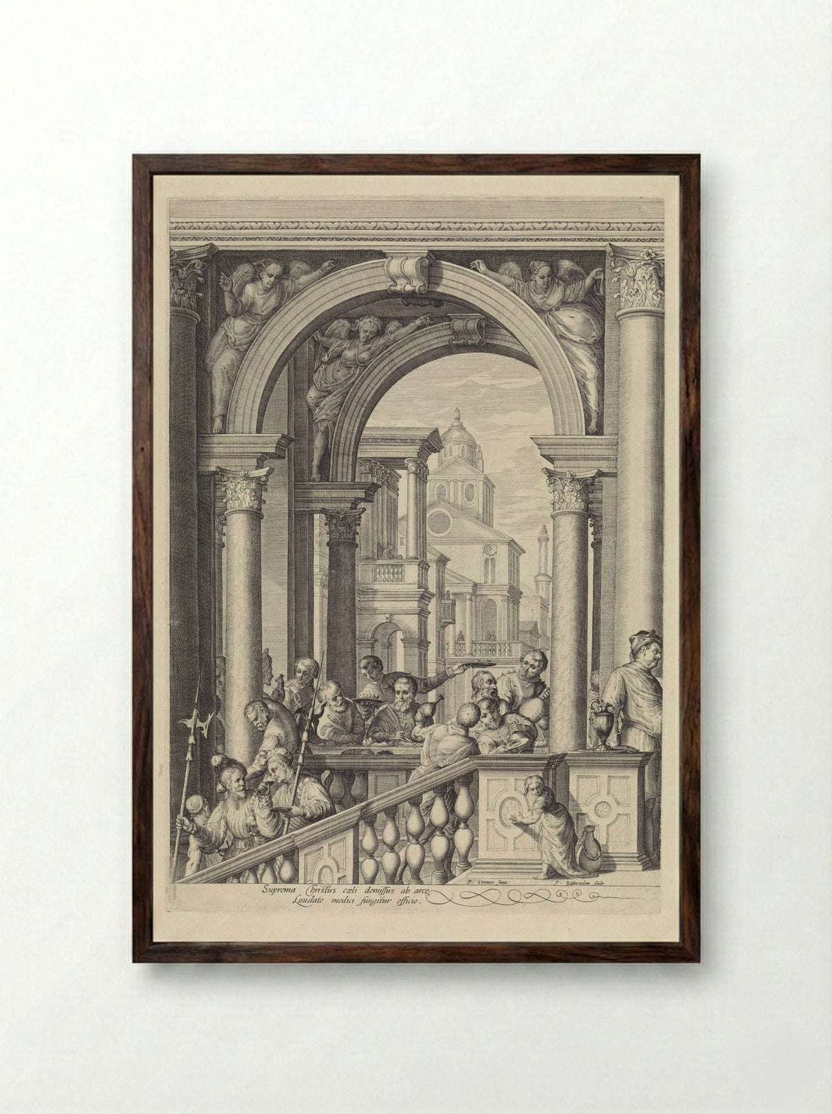 Christus aan de maaltijd in het huis van Levi de Tollenaar (plaat 1) - Cornelius Schonaeus - Framed Print Dark Wood