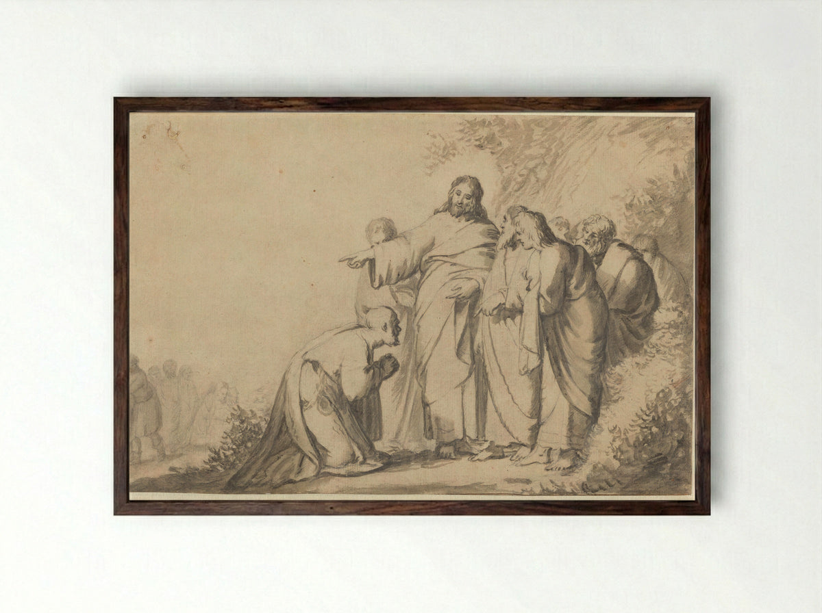 Christus met een knielende man en zijn discipelen - Jacob Hogers - Framed Print Dark Wood