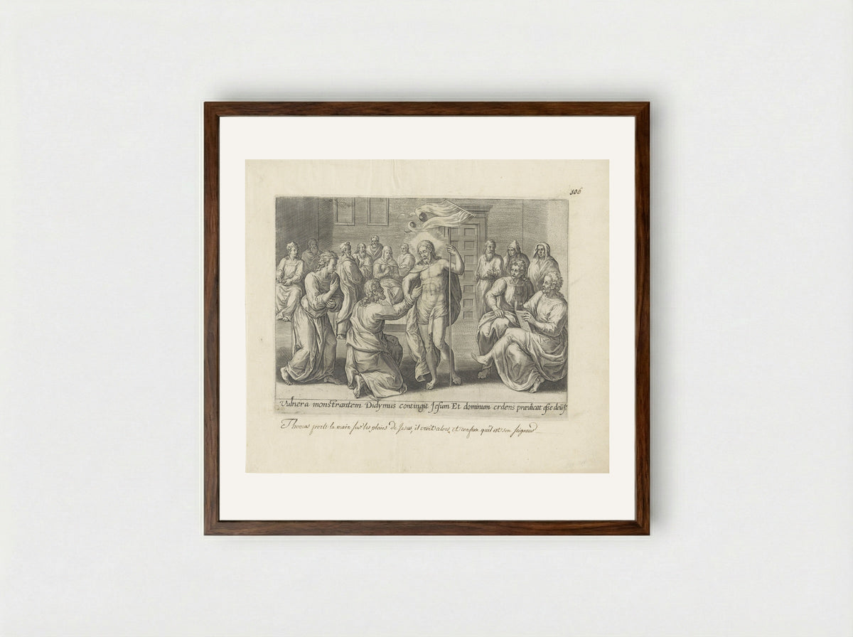 Christus verschijnt aan de ongelovige Tomas - Gerard de Jode - Framed Print Dark Wood