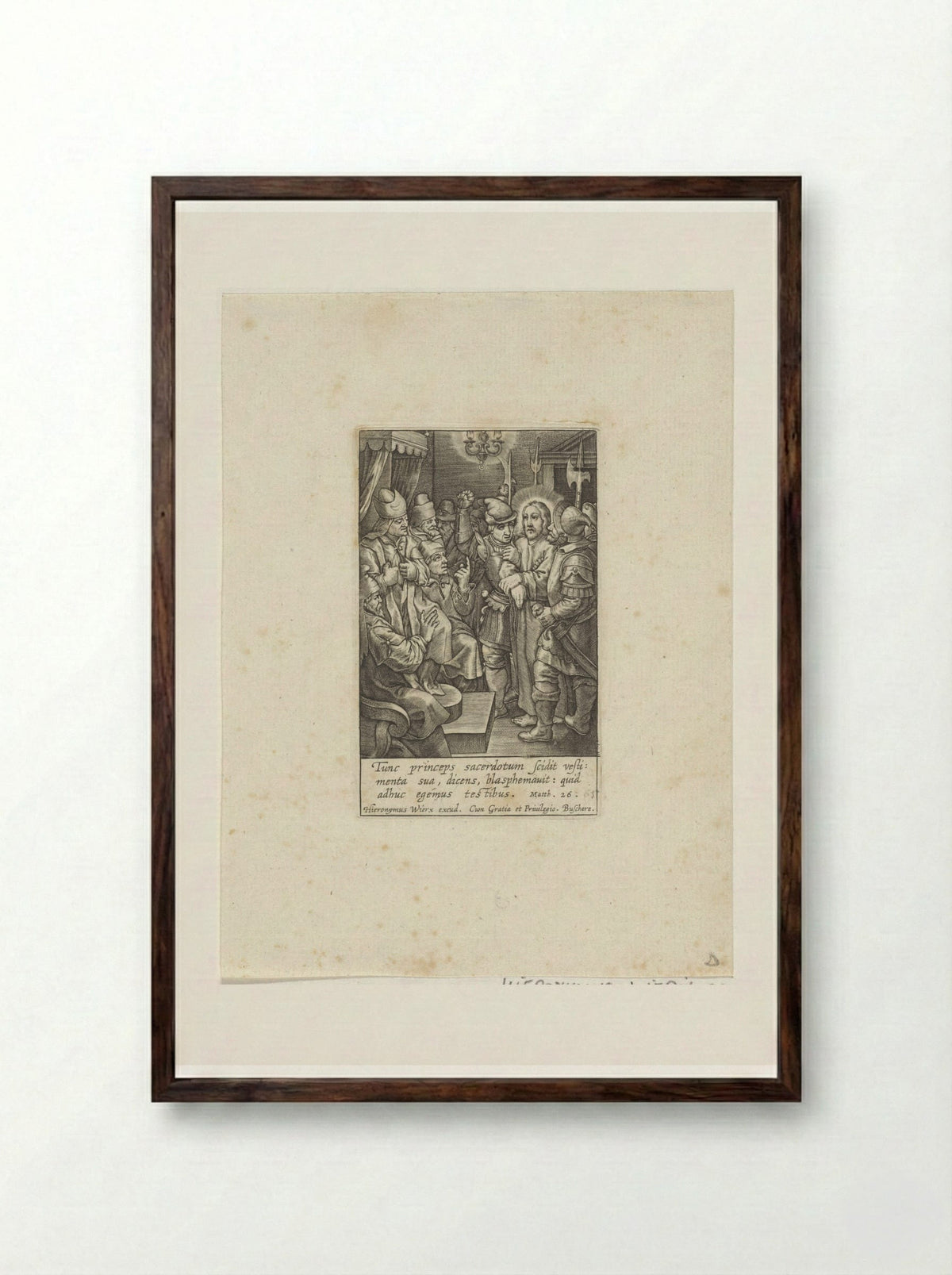 Christus voor Kajafas - Hieronymus Wierix - Framed Print Dark Wood