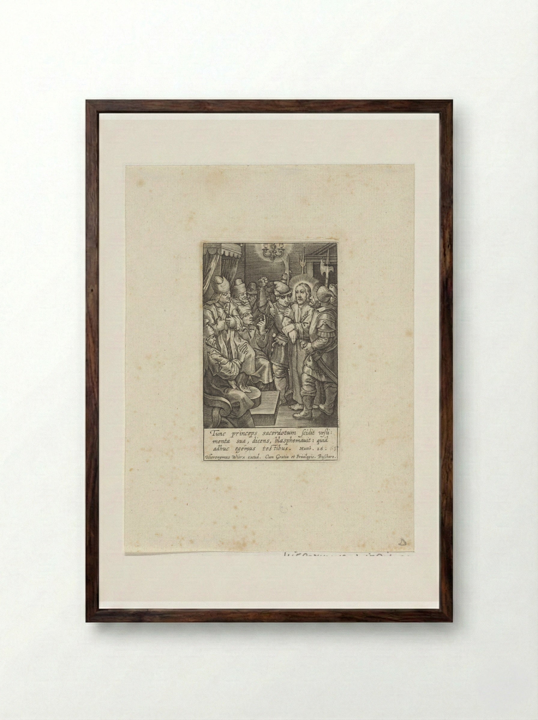 Christus voor Kajafas - Hieronymus Wierix - Framed Print Dark Wood