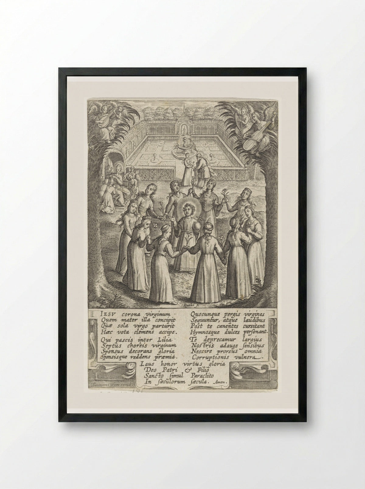 Christuskind omringd door maagden - Hieronymus Wierix - Framed Print Black