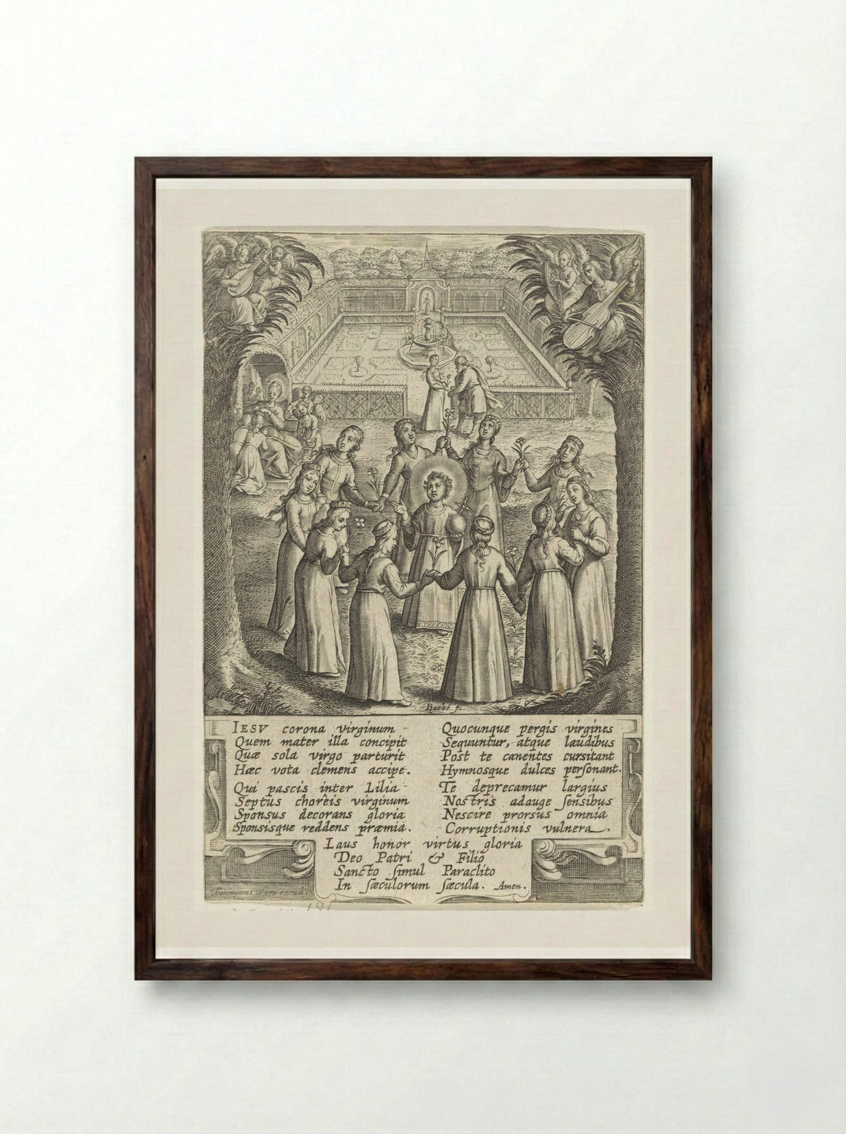 Christuskind omringd door maagden - Hieronymus Wierix - Framed Print Dark Wood