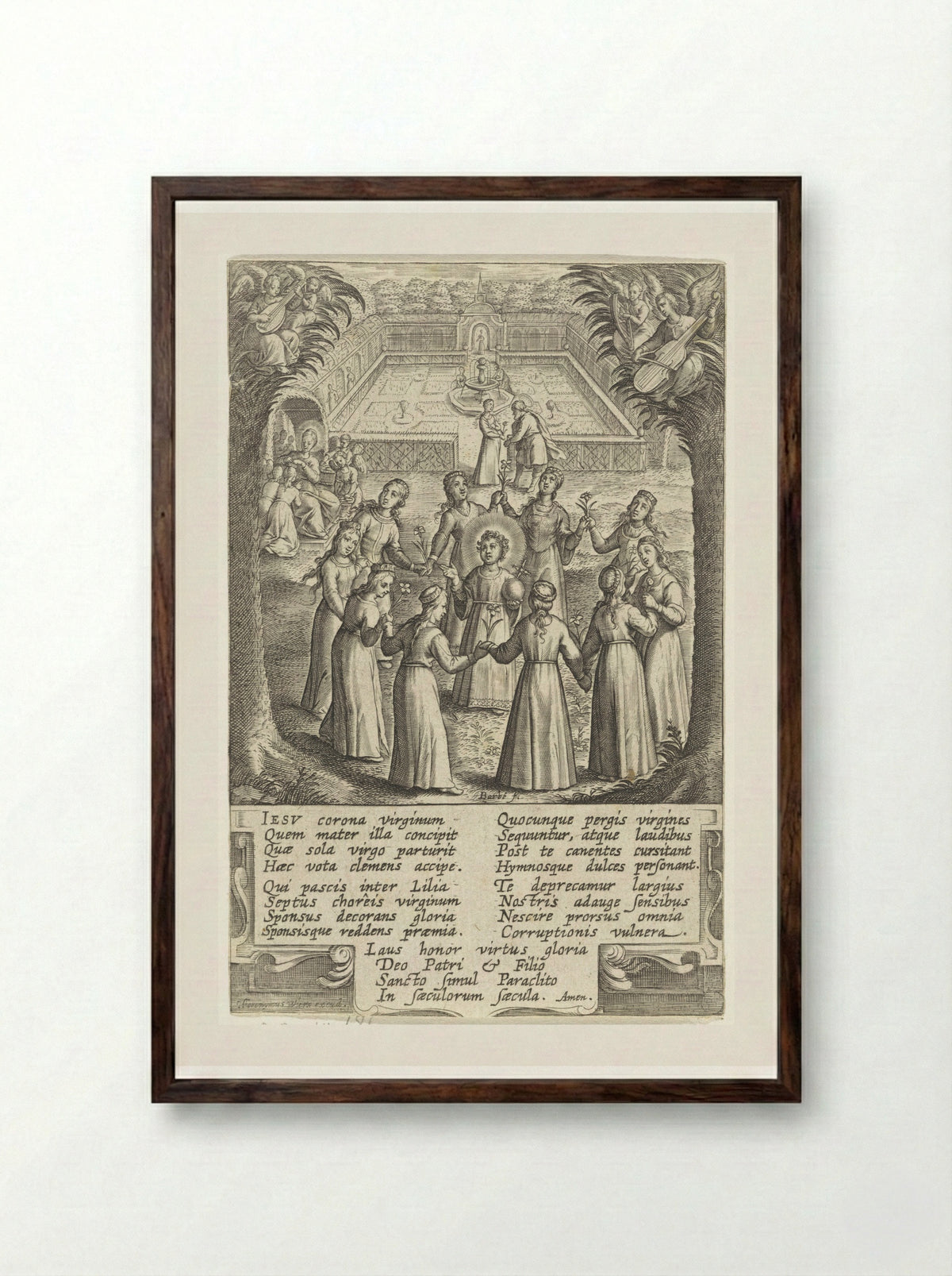 Christuskind omringd door maagden - Hieronymus Wierix - Framed Print Dark Wood