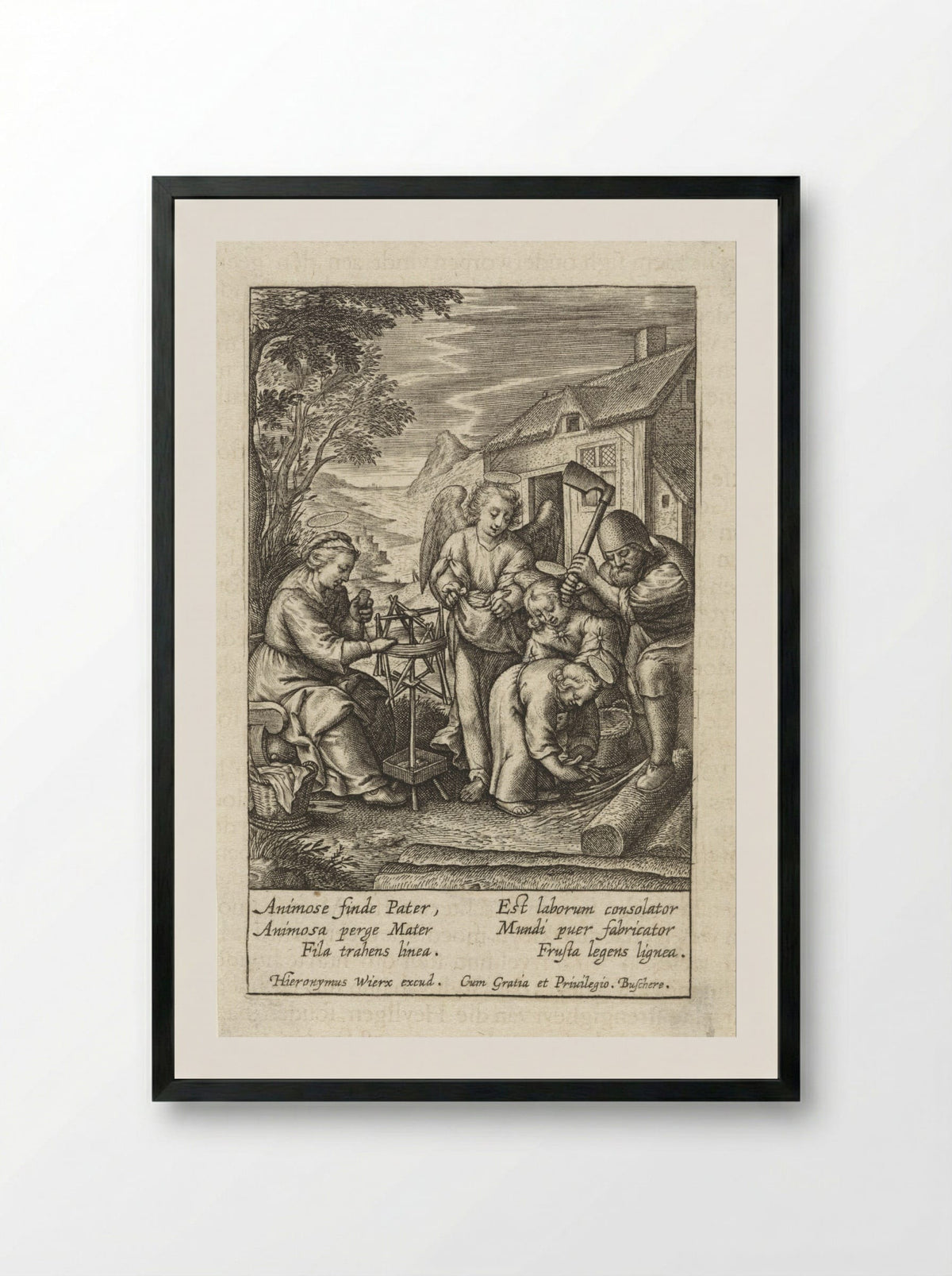 Christuskind raapt houtsnippers op - Hieronymus Wierix - Framed Print Black