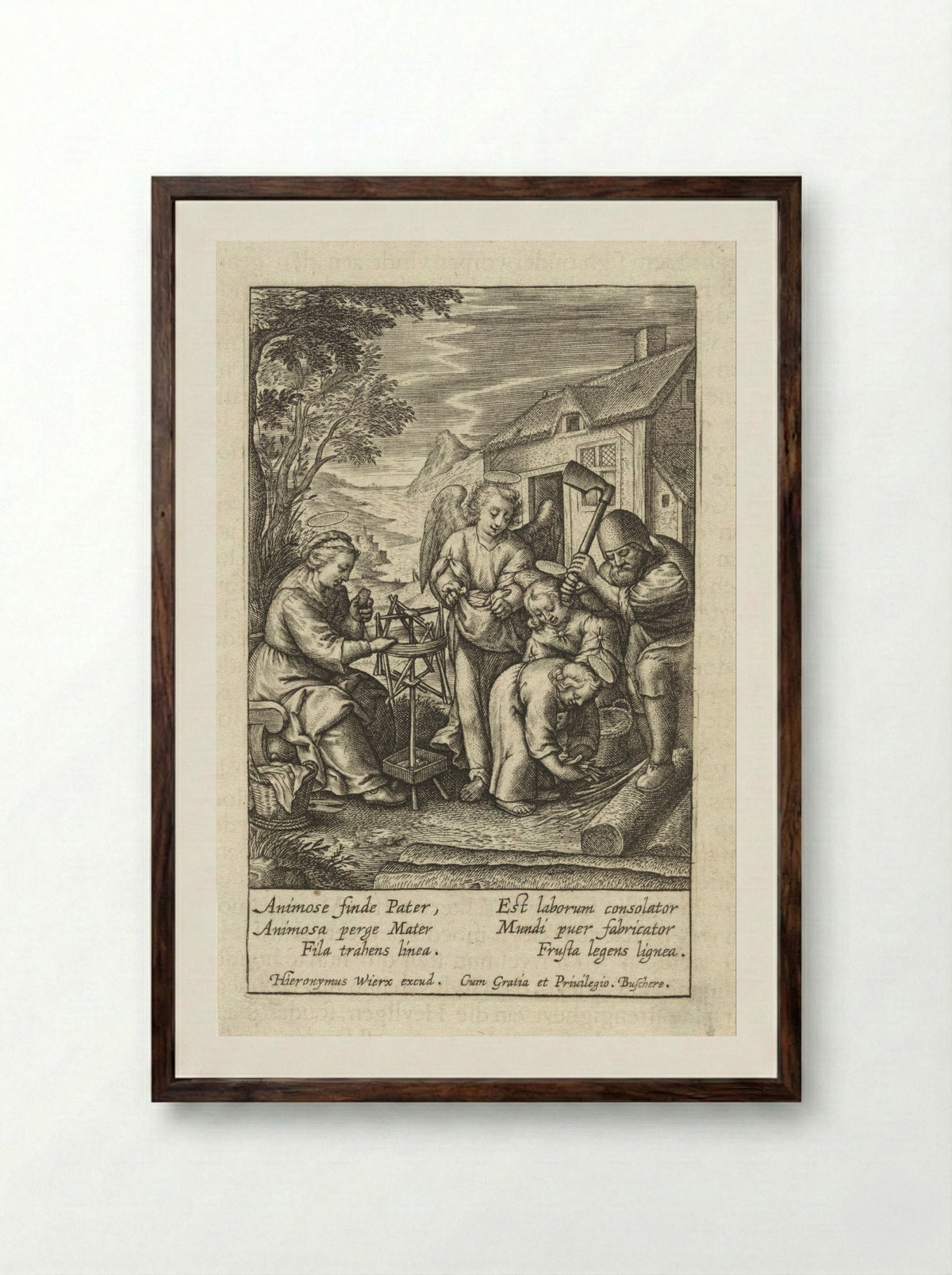 Christuskind raapt houtsnippers op - Hieronymus Wierix - Framed Print Dark Wood