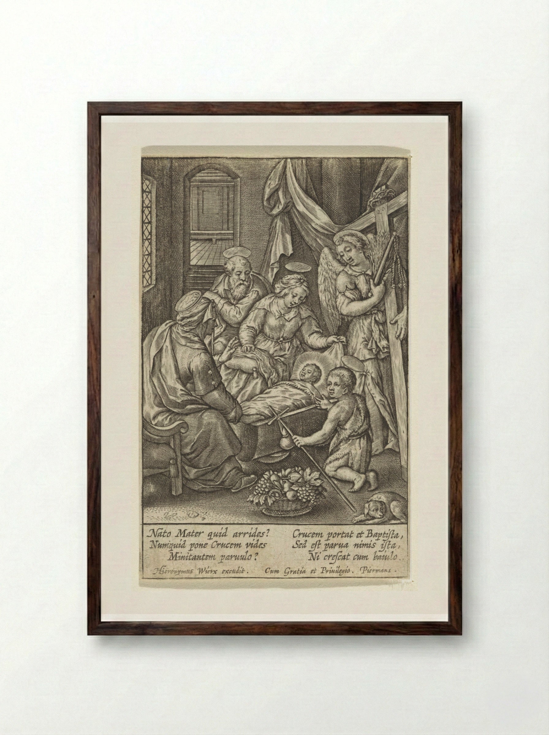 Christuskind slaapt in de wieg - Hieronymus Wierix - Framed Print Dark Wood