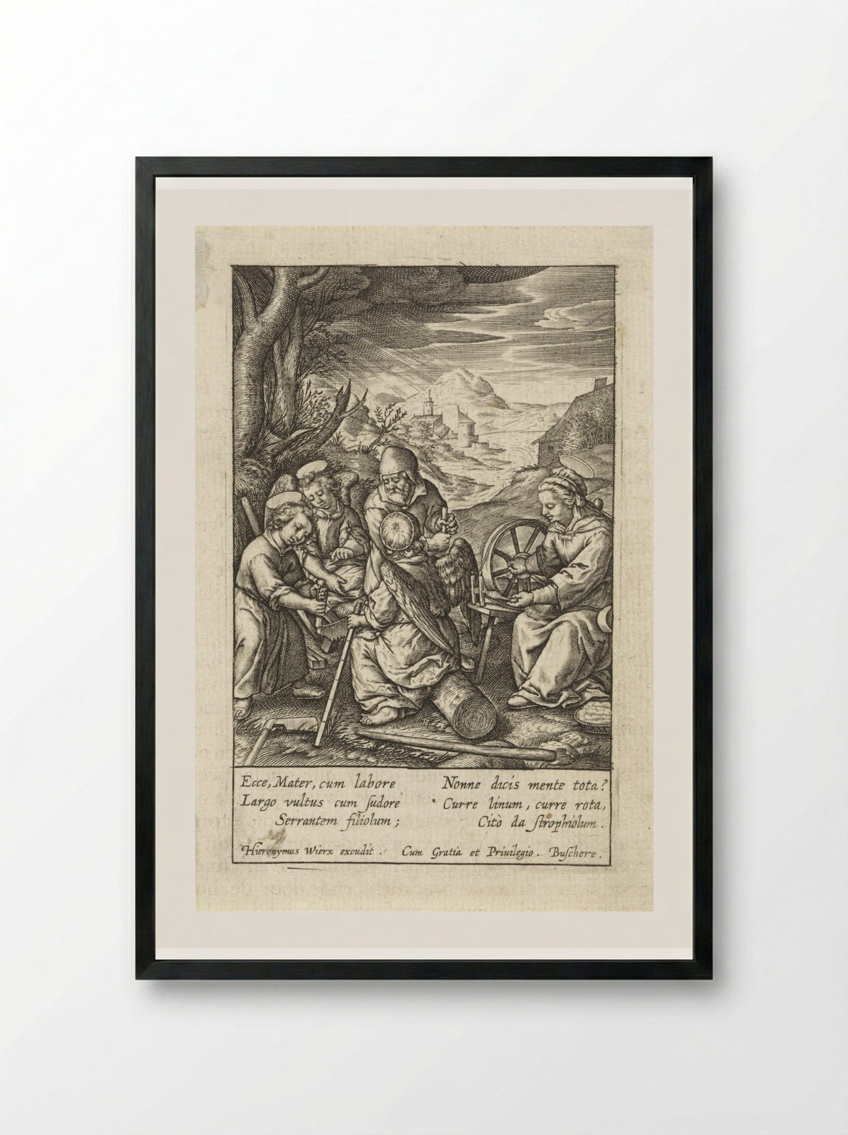 Christuskind zaagt een boomstam - Hieronymus Wierix - Framed Print Black