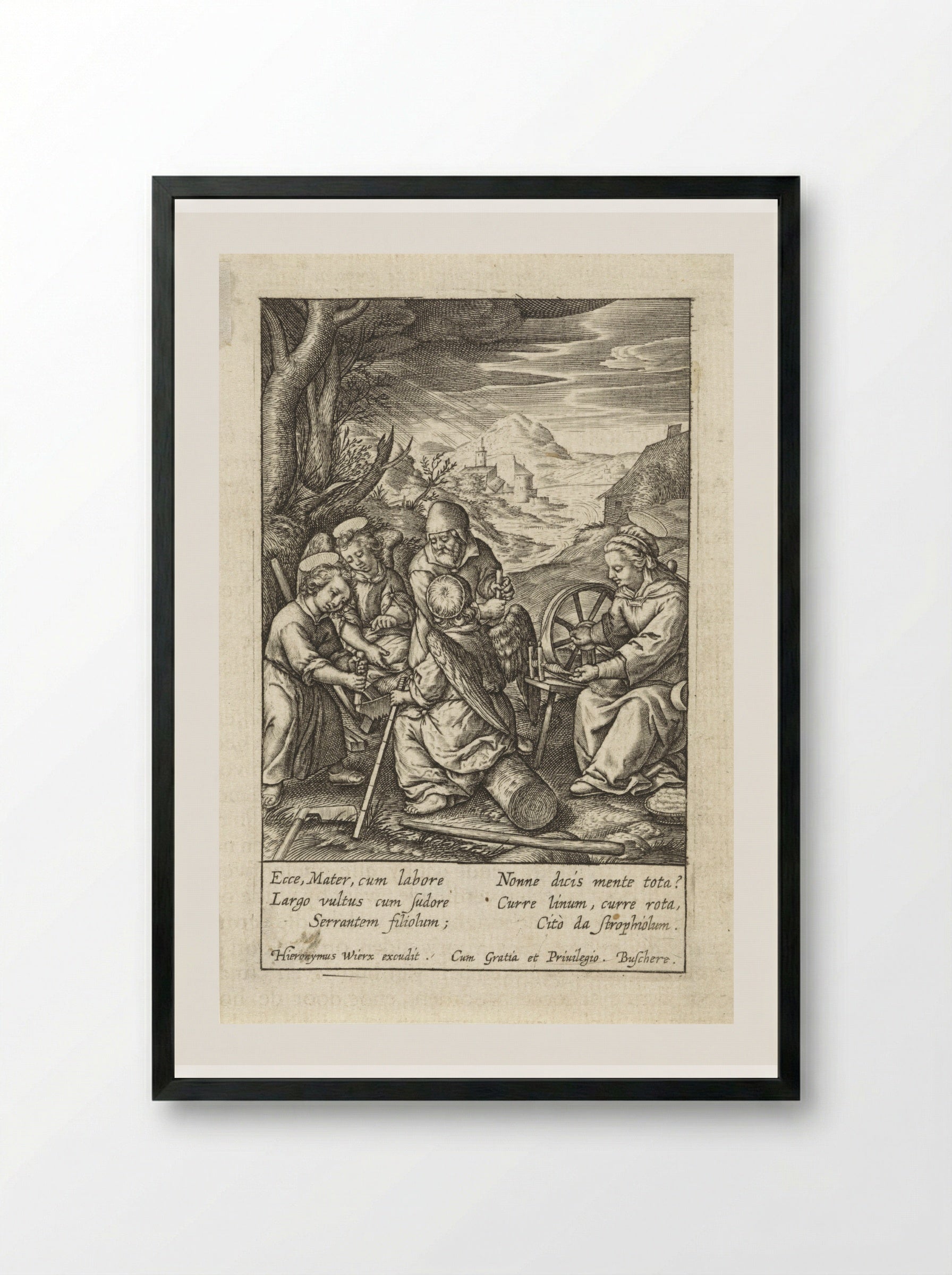 Christuskind zaagt een boomstam - Hieronymus Wierix - Framed Print Black
