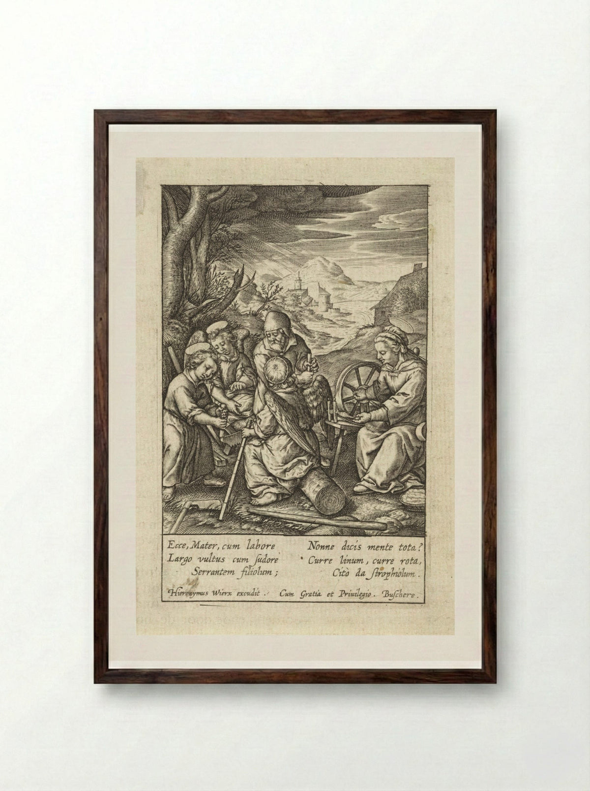 Christuskind zaagt een boomstam - Hieronymus Wierix - Framed Print Dark Wood