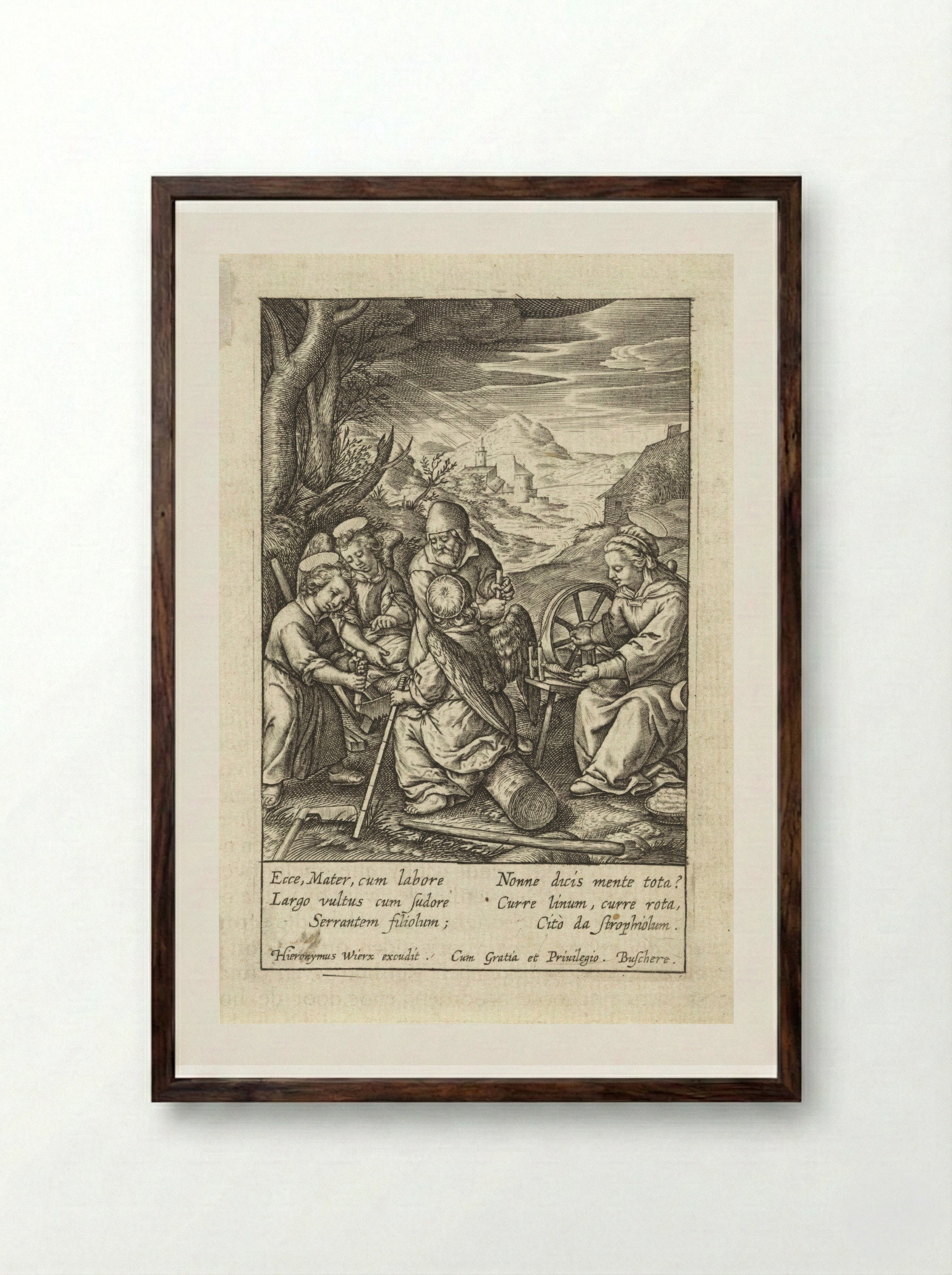 Christuskind zaagt een boomstam - Hieronymus Wierix - Framed Print Dark Wood