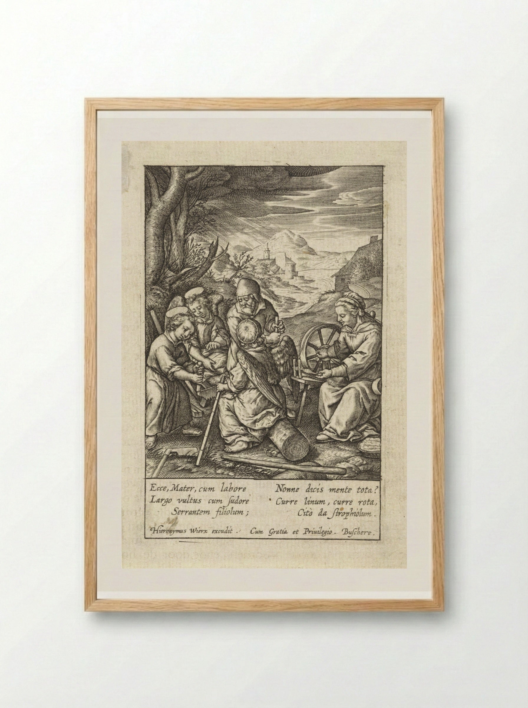 Christuskind zaagt een boomstam - Hieronymus Wierix - Framed Print Wood