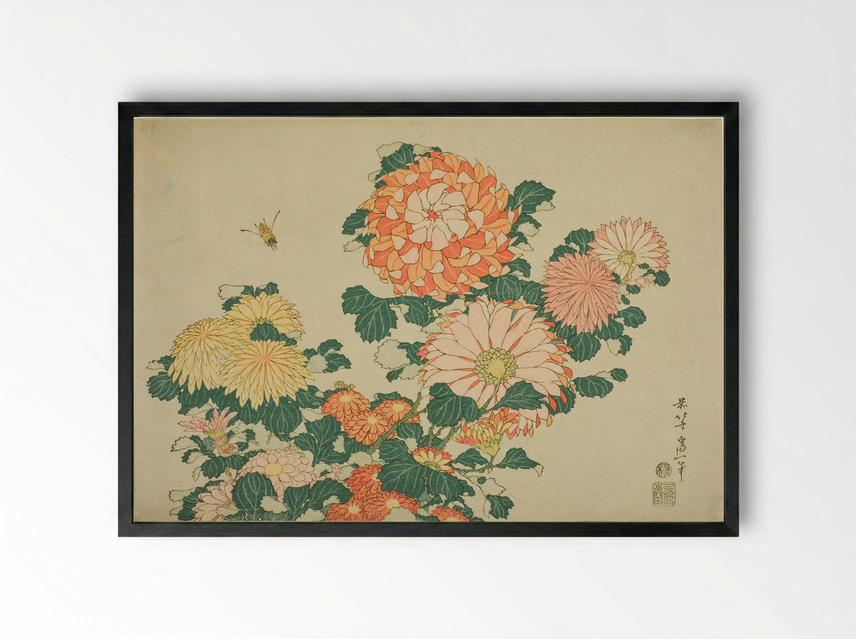 Chrysanthemum and Horsefly - Katsushika Hokusai - Framed Print Black