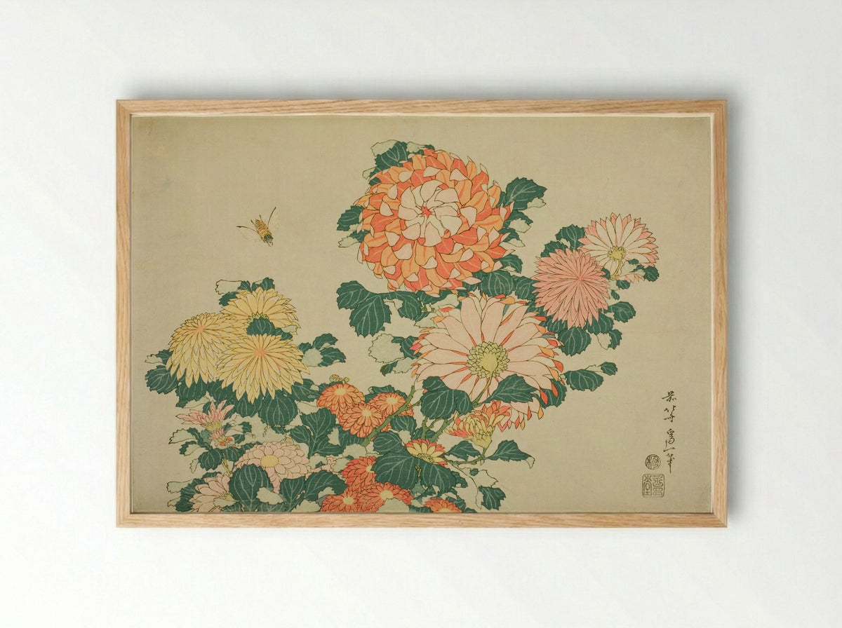 Chrysanthemum and Horsefly - Katsushika Hokusai - Framed Print Wood