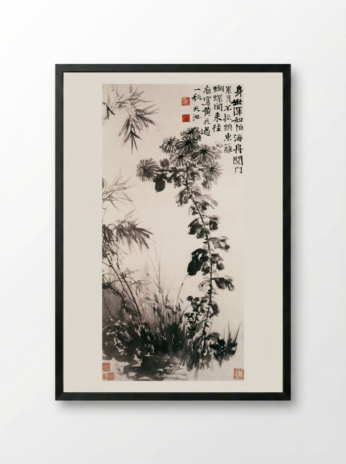 Chrysanthemums and Bamboos - Xu Wei - Framed Print Black