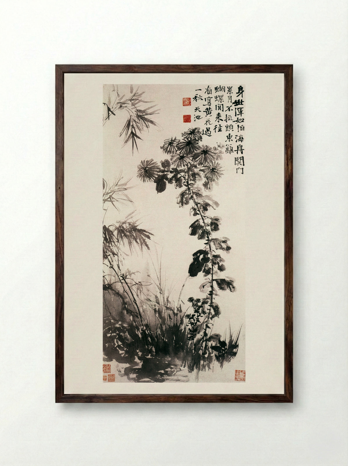 Chrysanthemums and Bamboos - Xu Wei - Framed Print Dark Wood