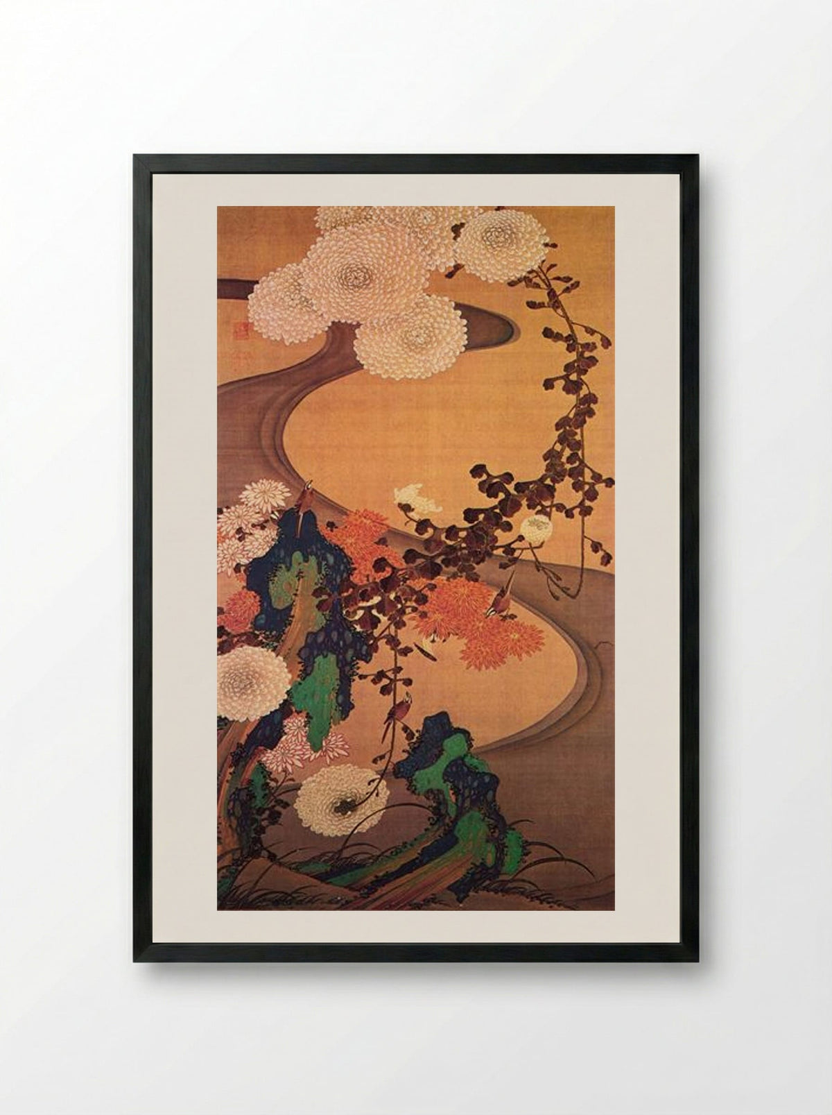 Chrysanthemums by a stream, with rocks - Ito Jakuchu - Framed Print Black