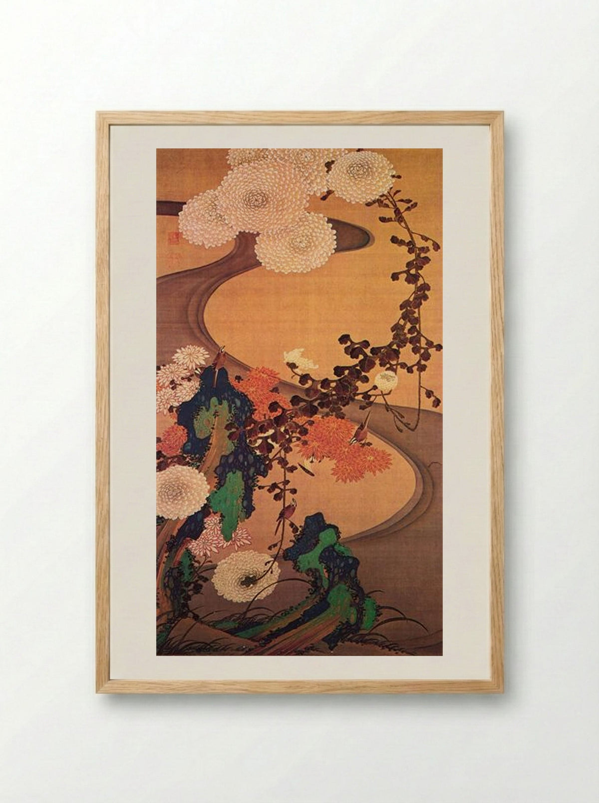 Chrysanthemums by a stream, with rocks - Ito Jakuchu - Framed Print Wood