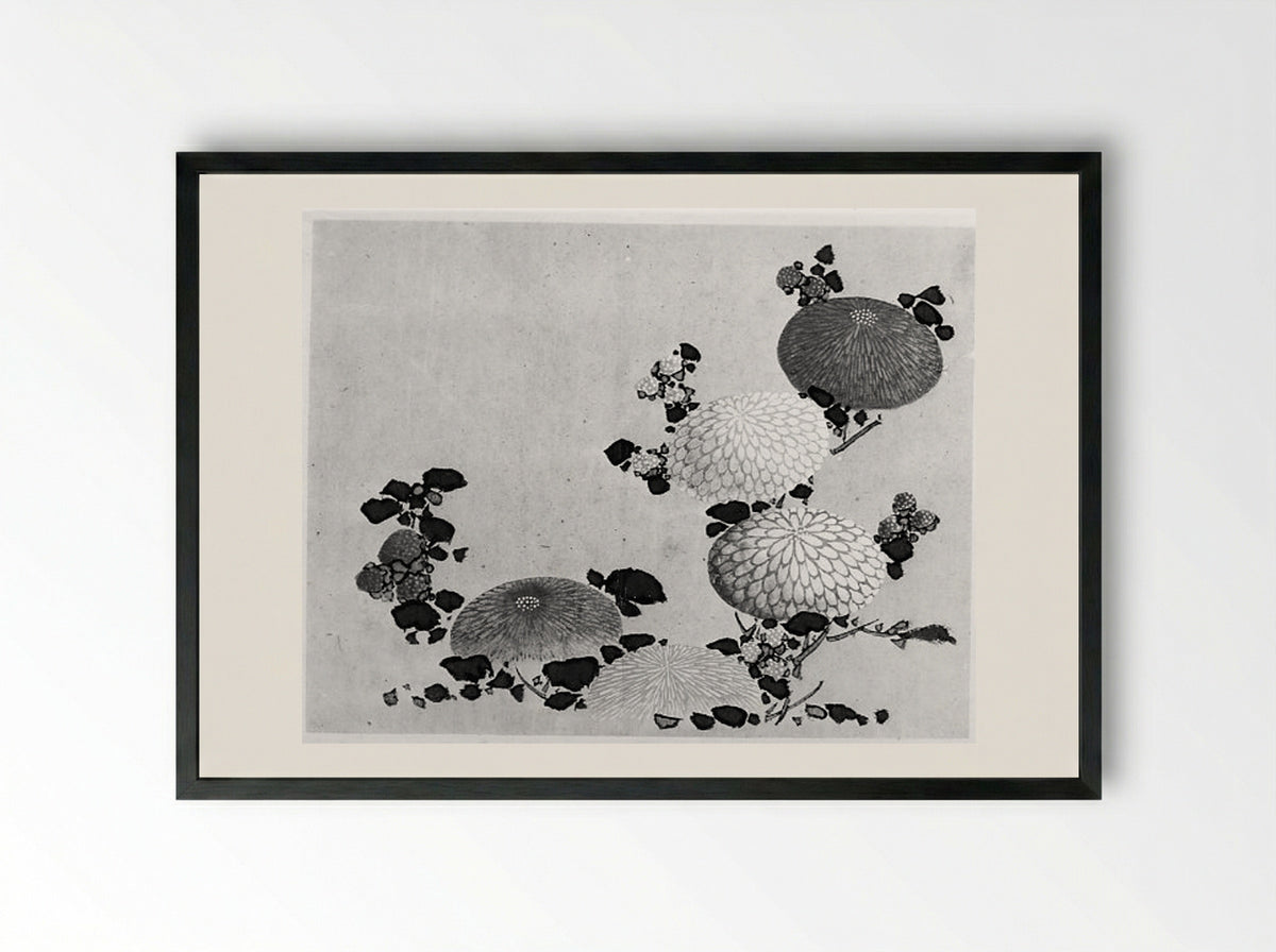 Chrysanthemums - Hokusai School - Framed Print Black