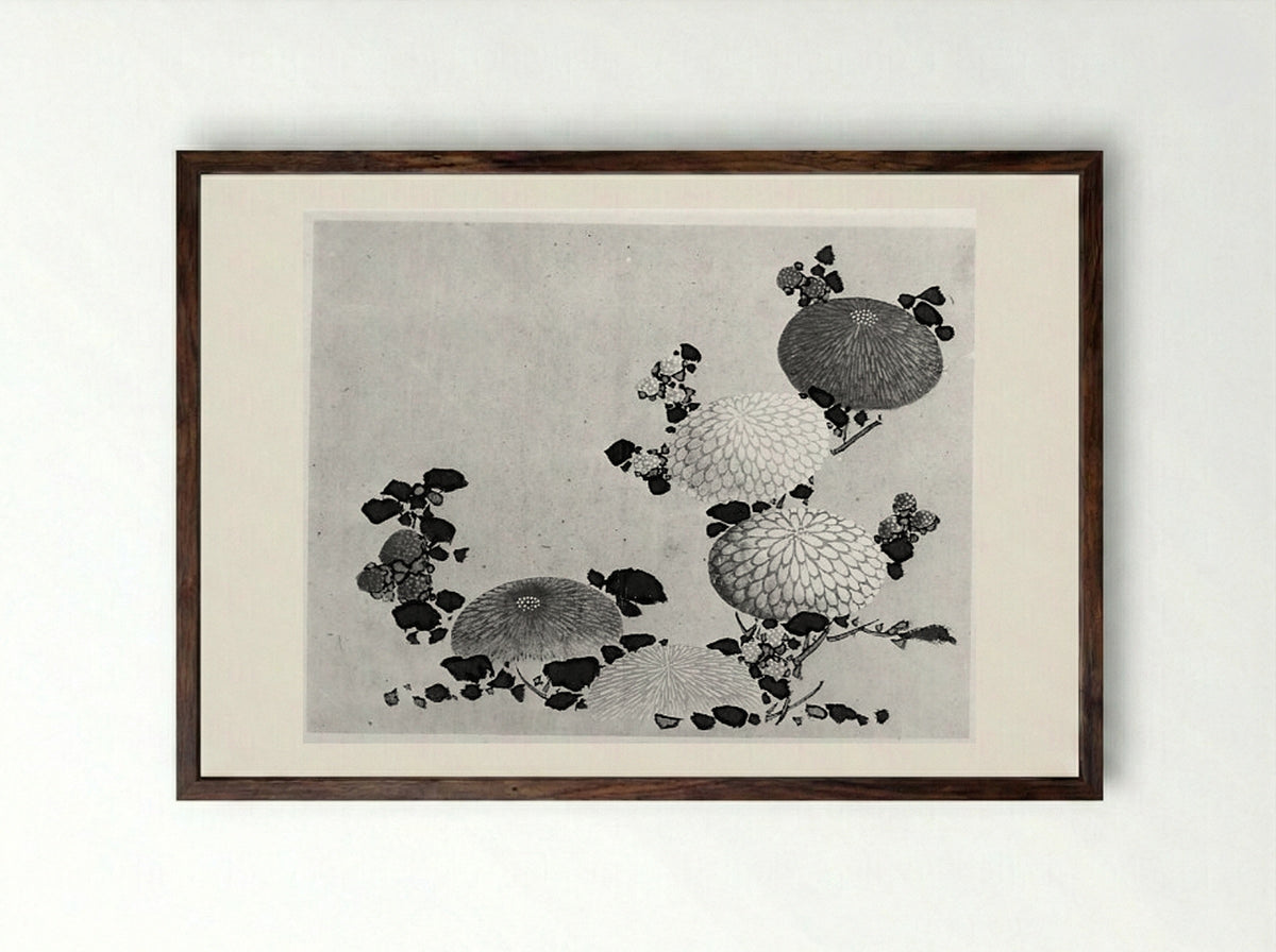Chrysanthemums - Hokusai School - Framed Print Dark Wood