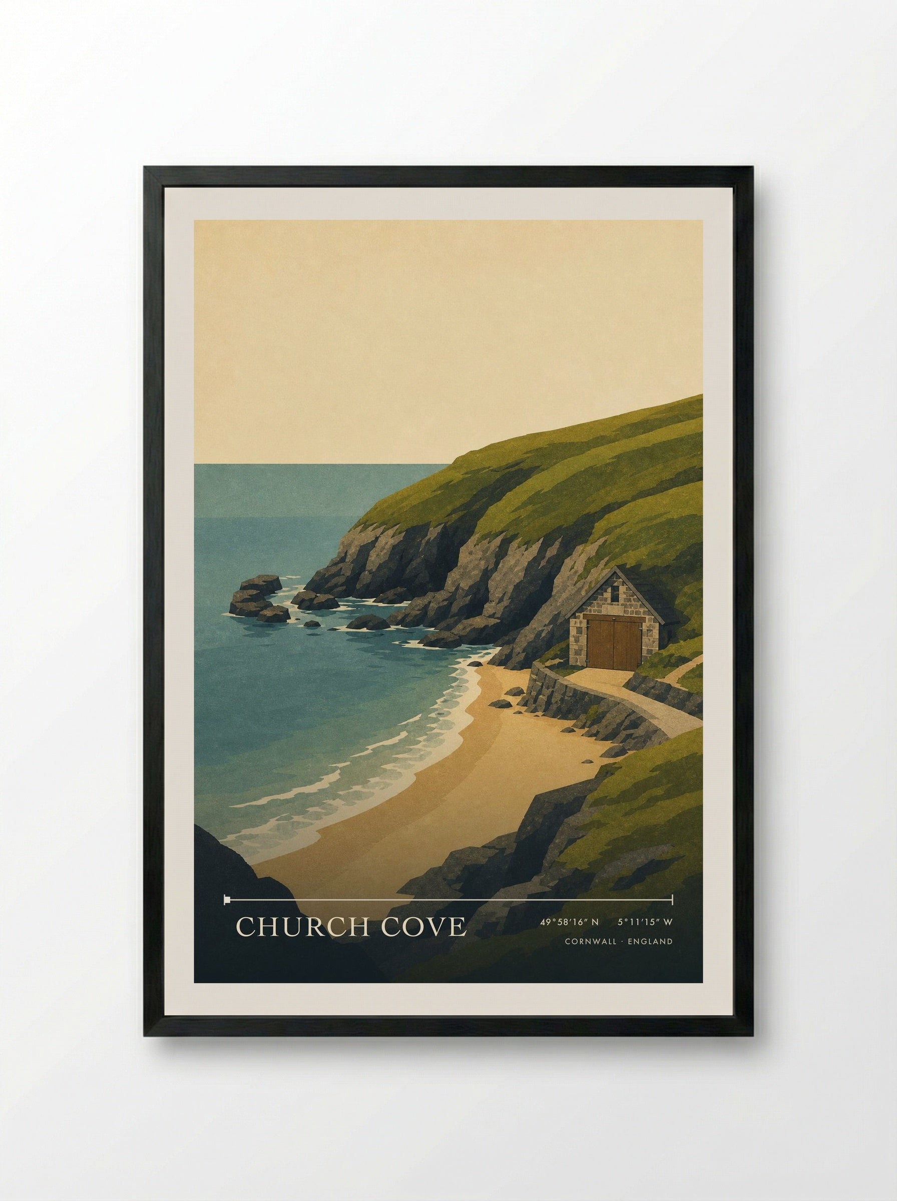 Church Cove Cornwall England Travel Poster - Framed Print Black