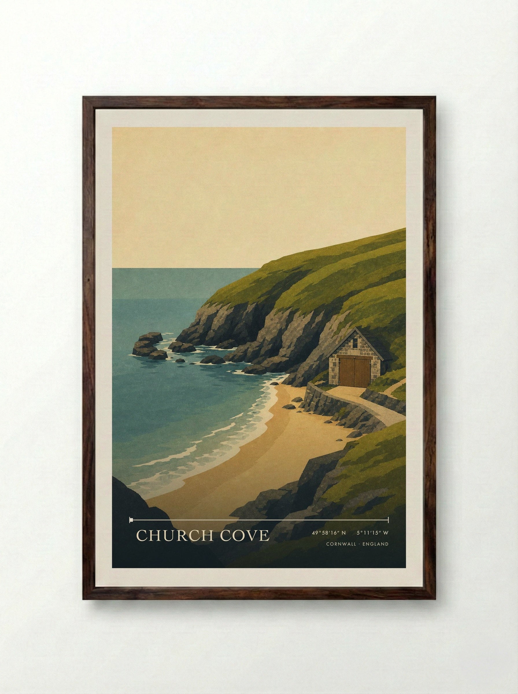 Church Cove Cornwall England Travel Poster - Framed Print Dark Wood
