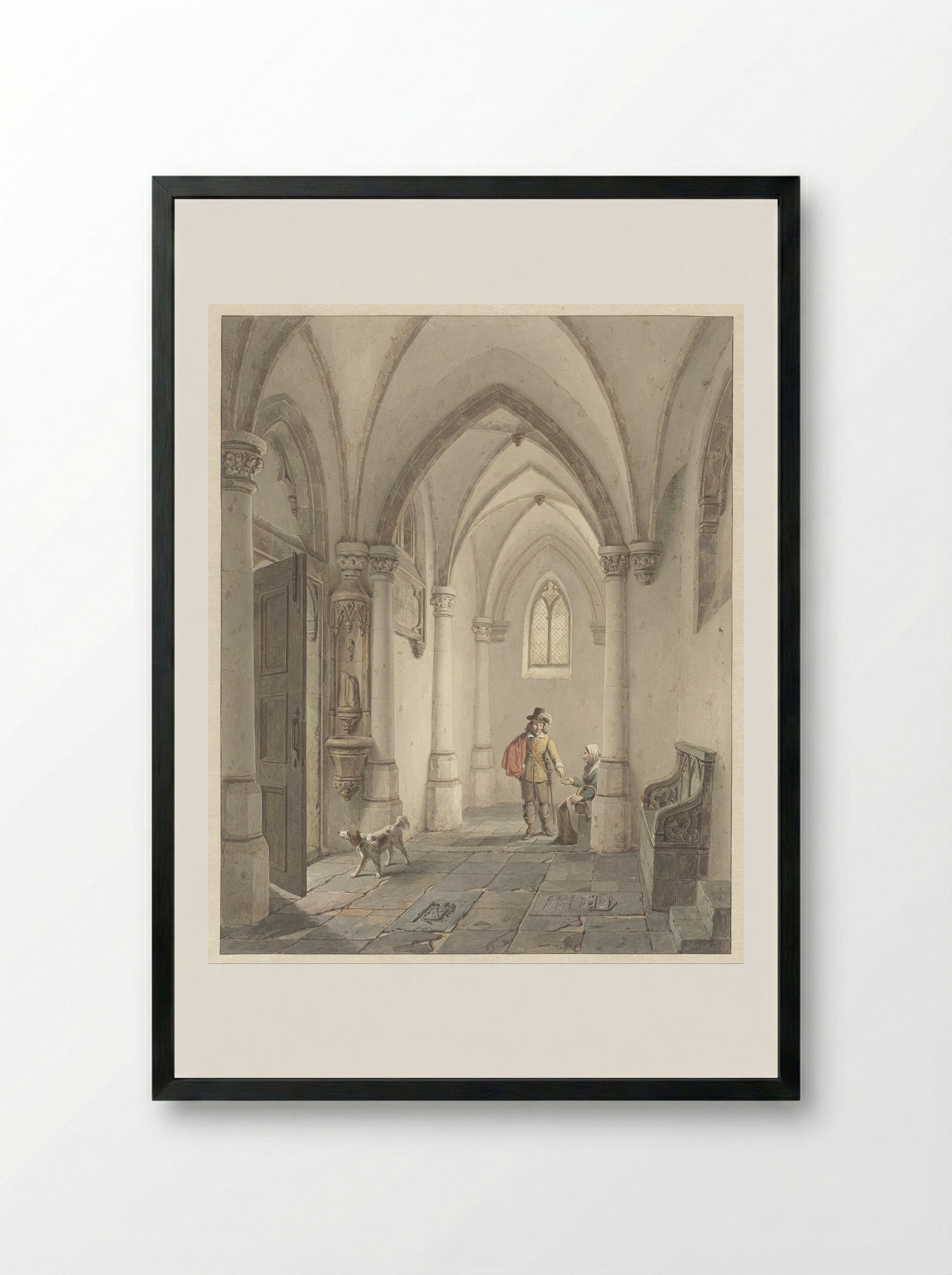 Church Interior with a Man Giving Alms to a Beggar - George Gillis Haanen - Framed Print Black