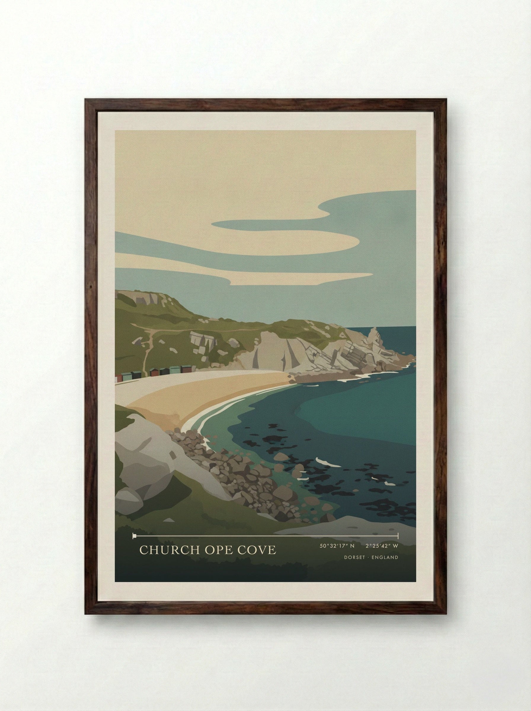 Church Ope Cove Dorset England Travel Poster - Framed Print Dark Wood