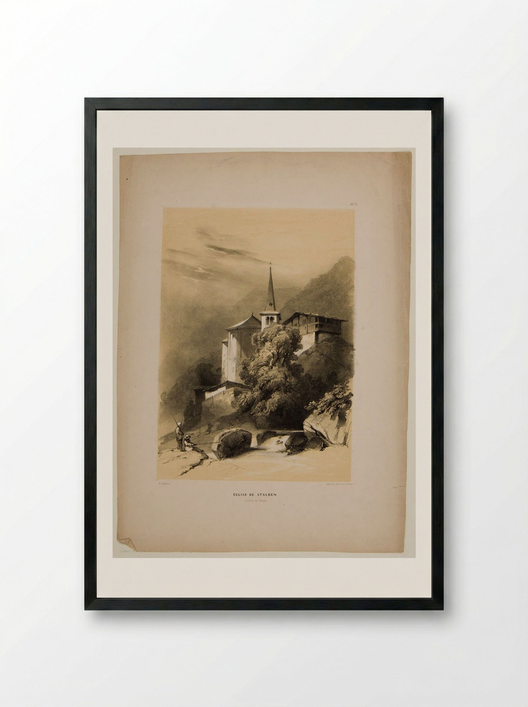 Church of Stalden, Viege Valley - Alexandre Calame - Framed Print Black