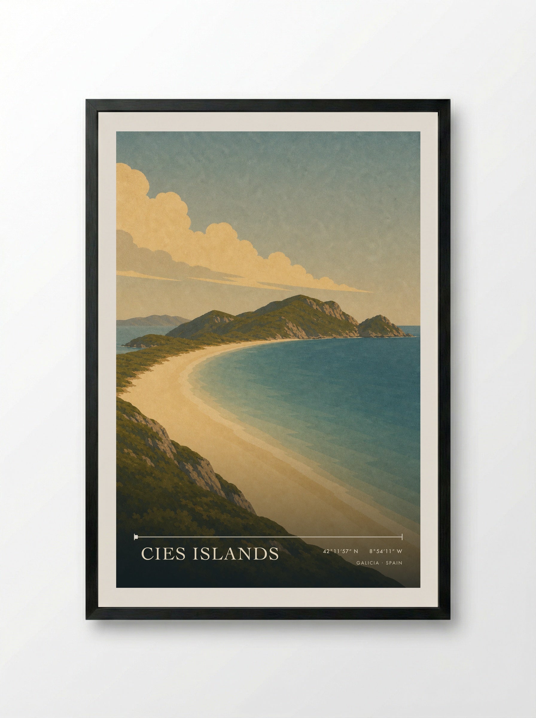 Cies Islands Travel Poster Artwork - Framed Print Black