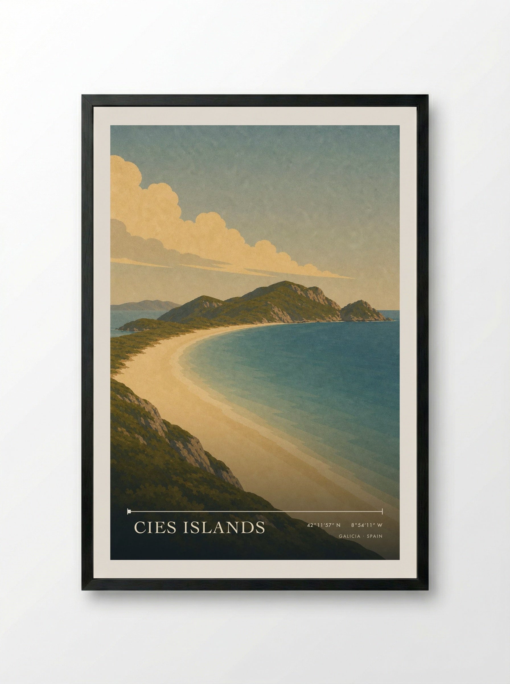 Cies Islands Travel Poster Artwork - Framed Print Black