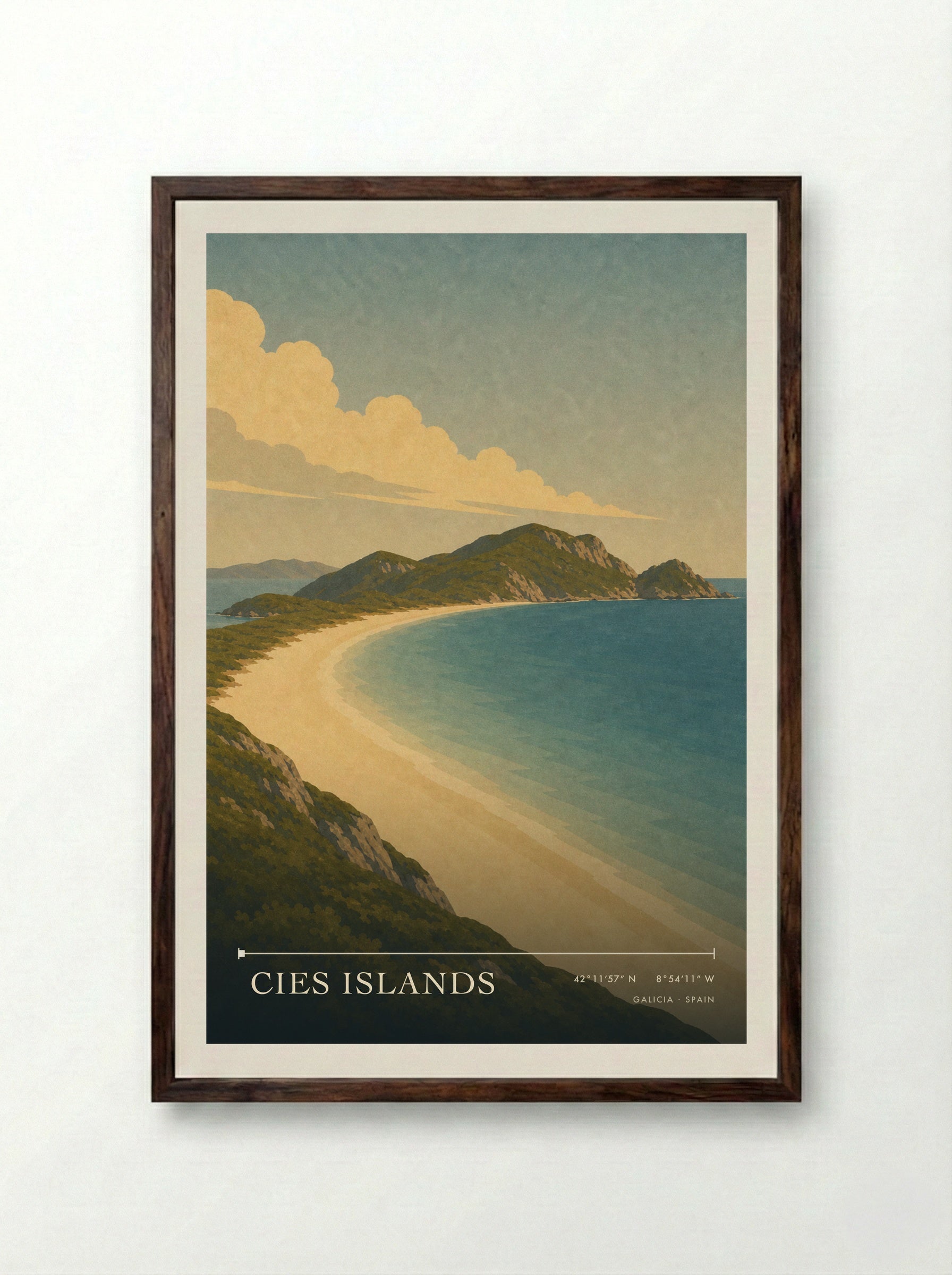 Cies Islands Travel Poster Artwork - Framed Print Dark Wood