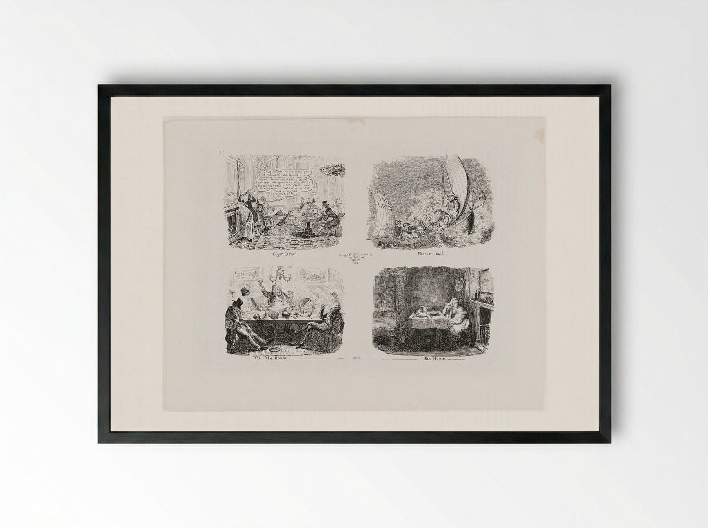 Cigar Divan, Pleasure Boat, The Ale House and The Home - George Cruikshank - Framed Print Black