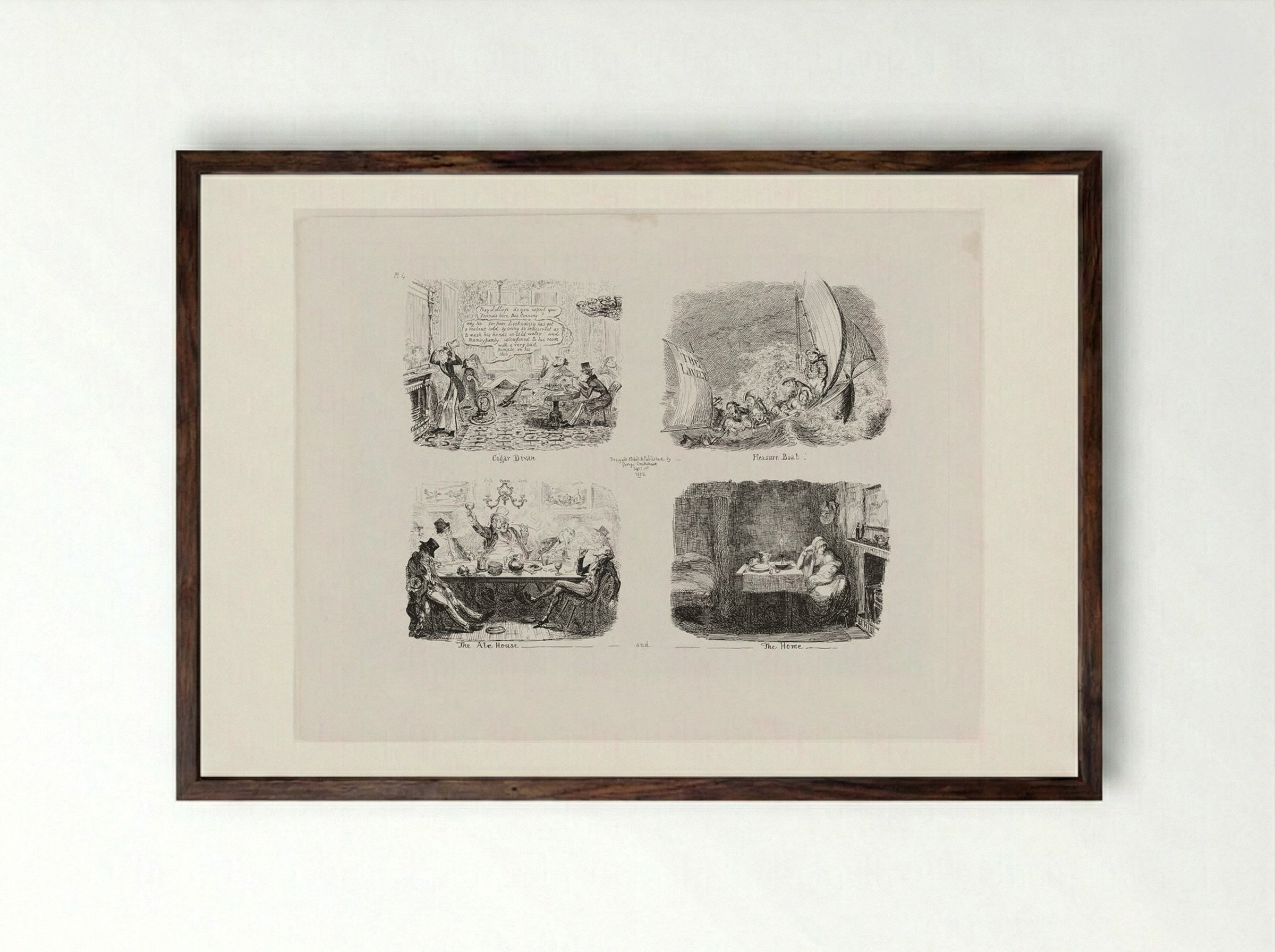 Cigar Divan, Pleasure Boat, The Ale House and The Home - George Cruikshank - Framed Print Dark Wood