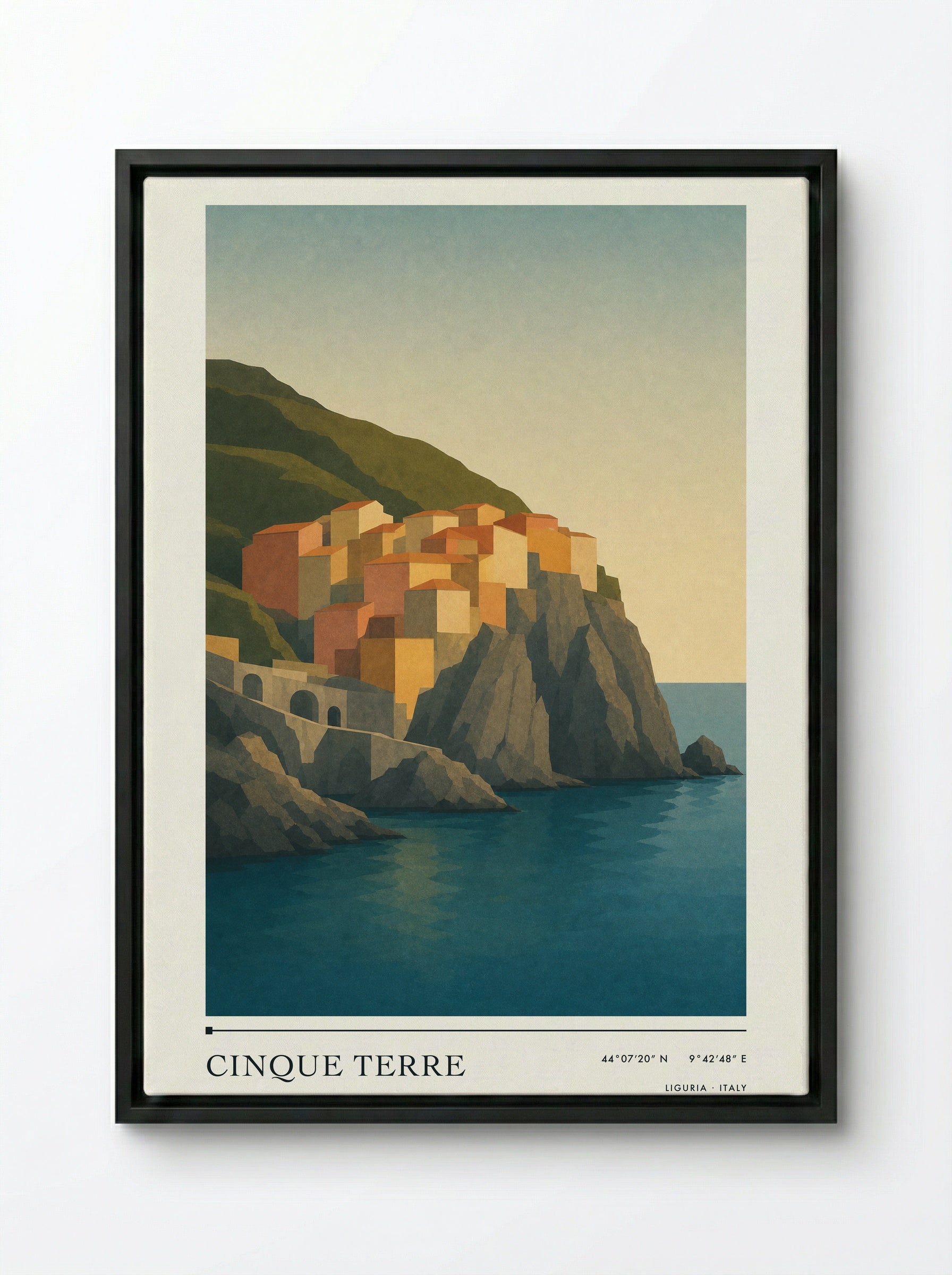 Cinque Terre Travel Poster Artwork - Framed Canvas Black
