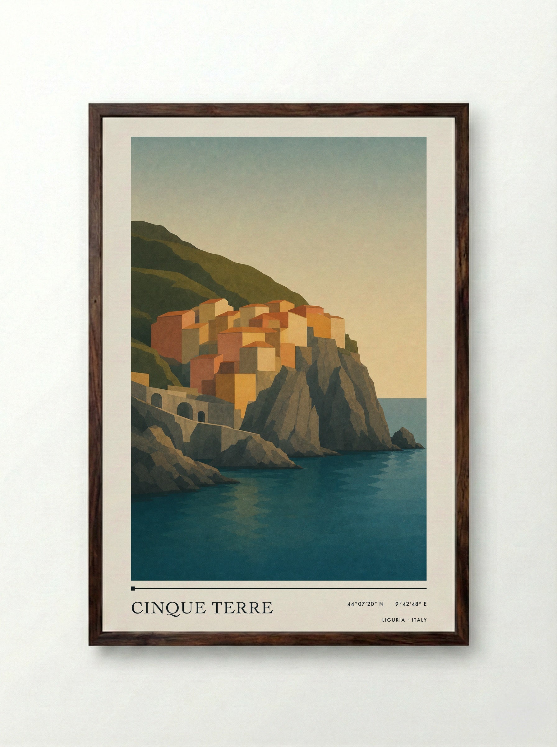 Cinque Terre Travel Poster Artwork - Framed Print Dark Wood