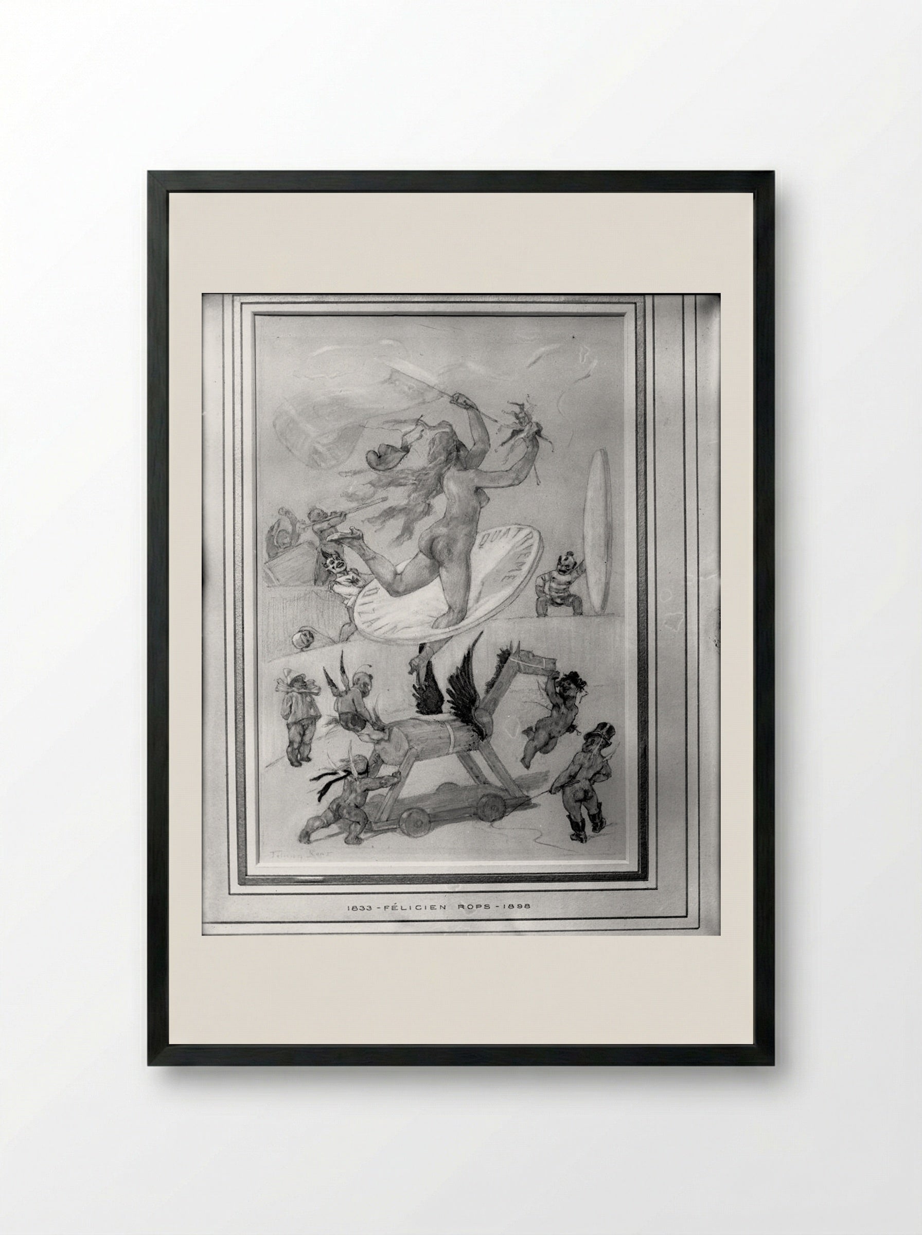 Circus Scene: Nude Woman Jumping through Paper Hoop - Félicien Rops - Framed Print Black