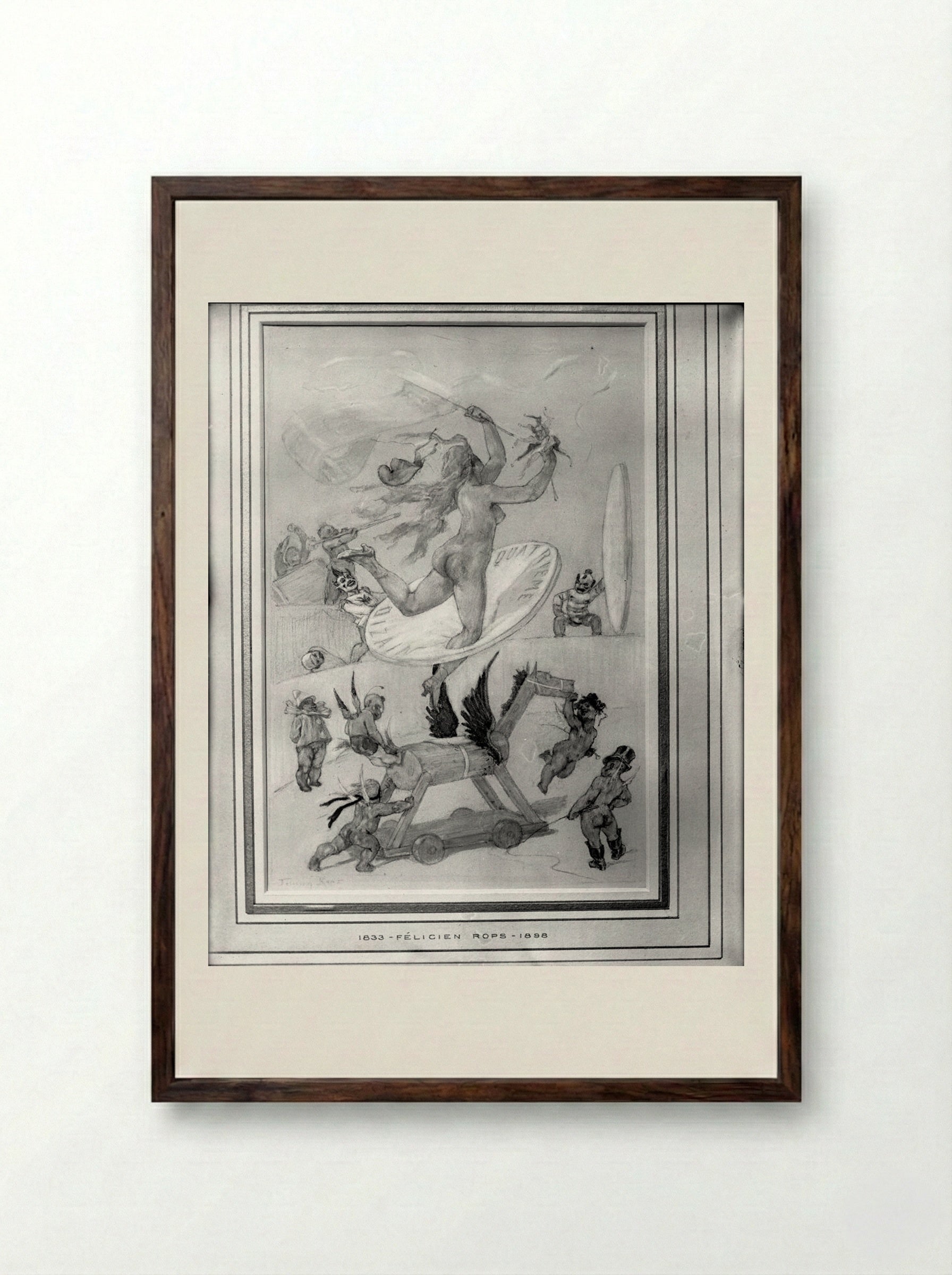 Circus Scene: Nude Woman Jumping through Paper Hoop - Félicien Rops - Framed Print Dark Wood