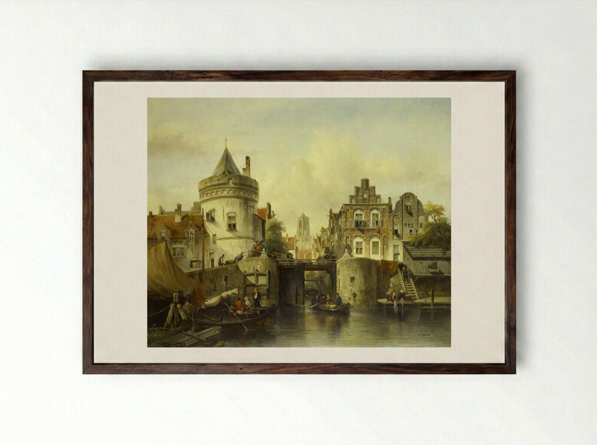 City View, Inspired by the Kolksluis in Amsterdam - Salomon Leonardus Verveer - Framed Print Dark Wood
