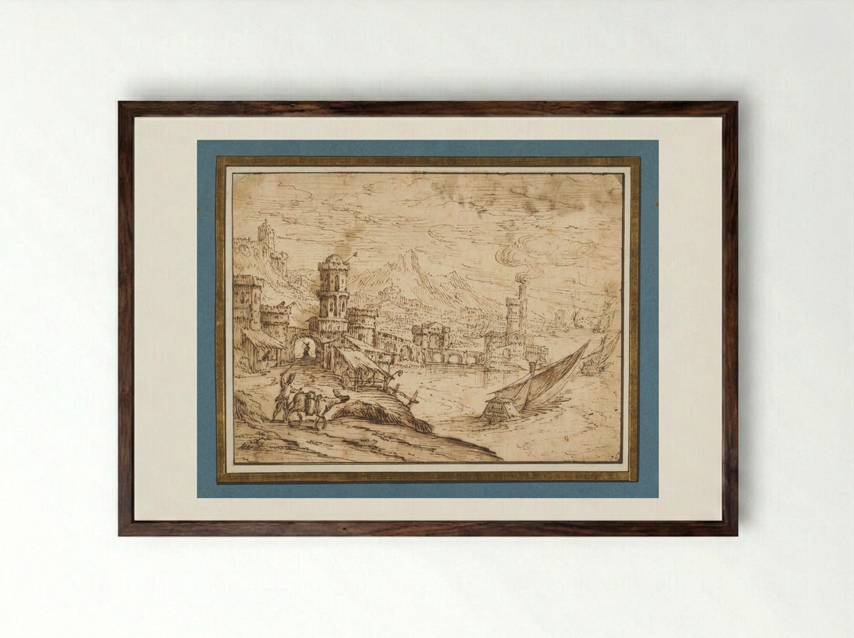 City by a Bay with Galleys Departing - Tobias Verhaecht - Framed Print Dark Wood
