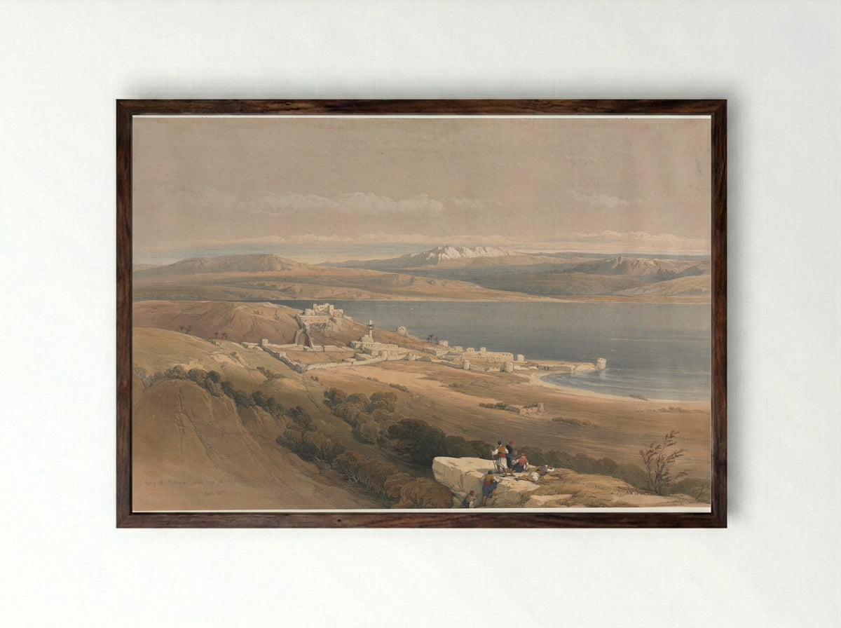 City of Tiberias on the Sea of Galilee - David Roberts - Framed Print Dark Wood
