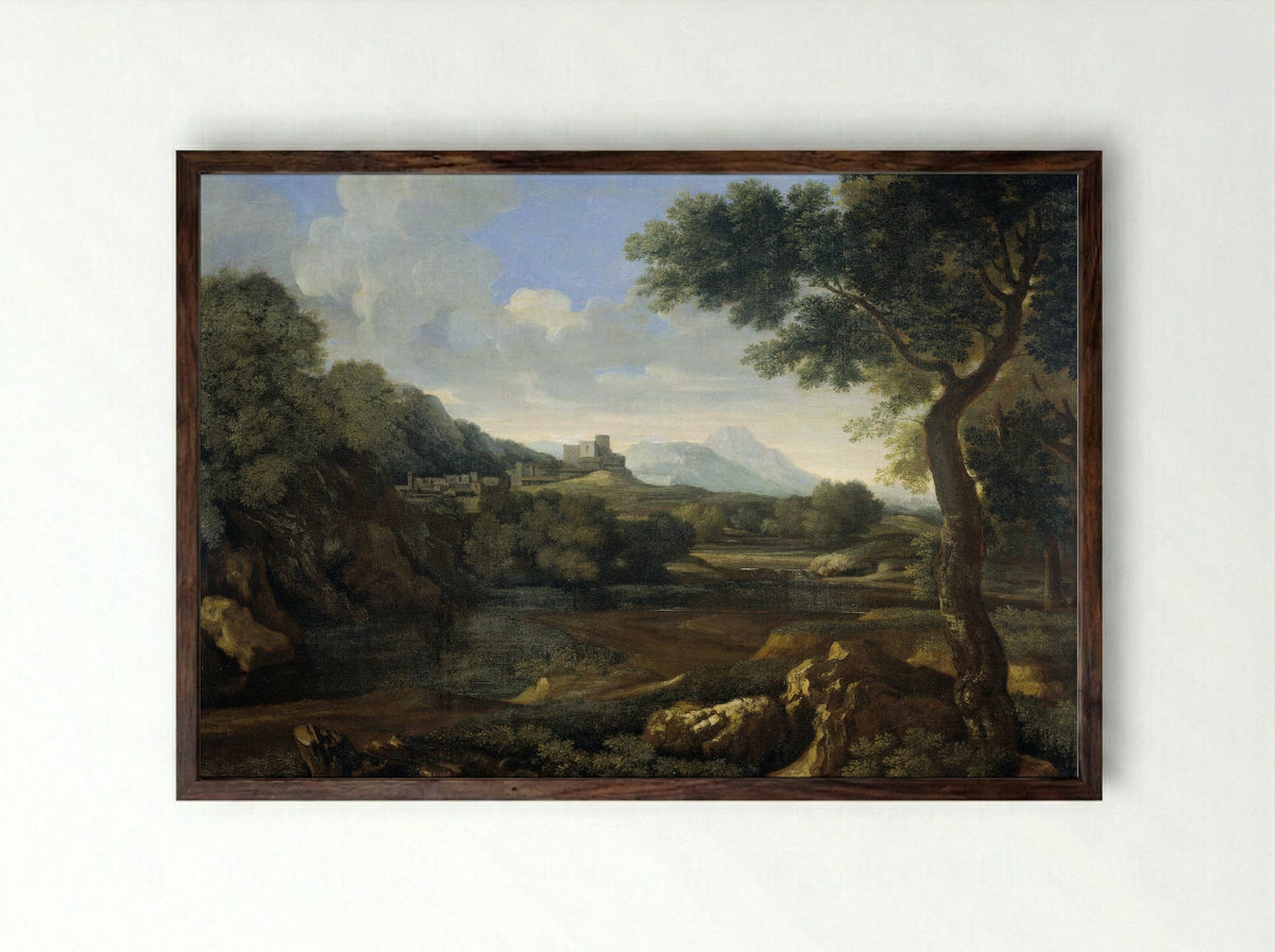 Classical Landscape with a Hilltop Fortress - Gaspard Dughet - Framed Print Dark Wood