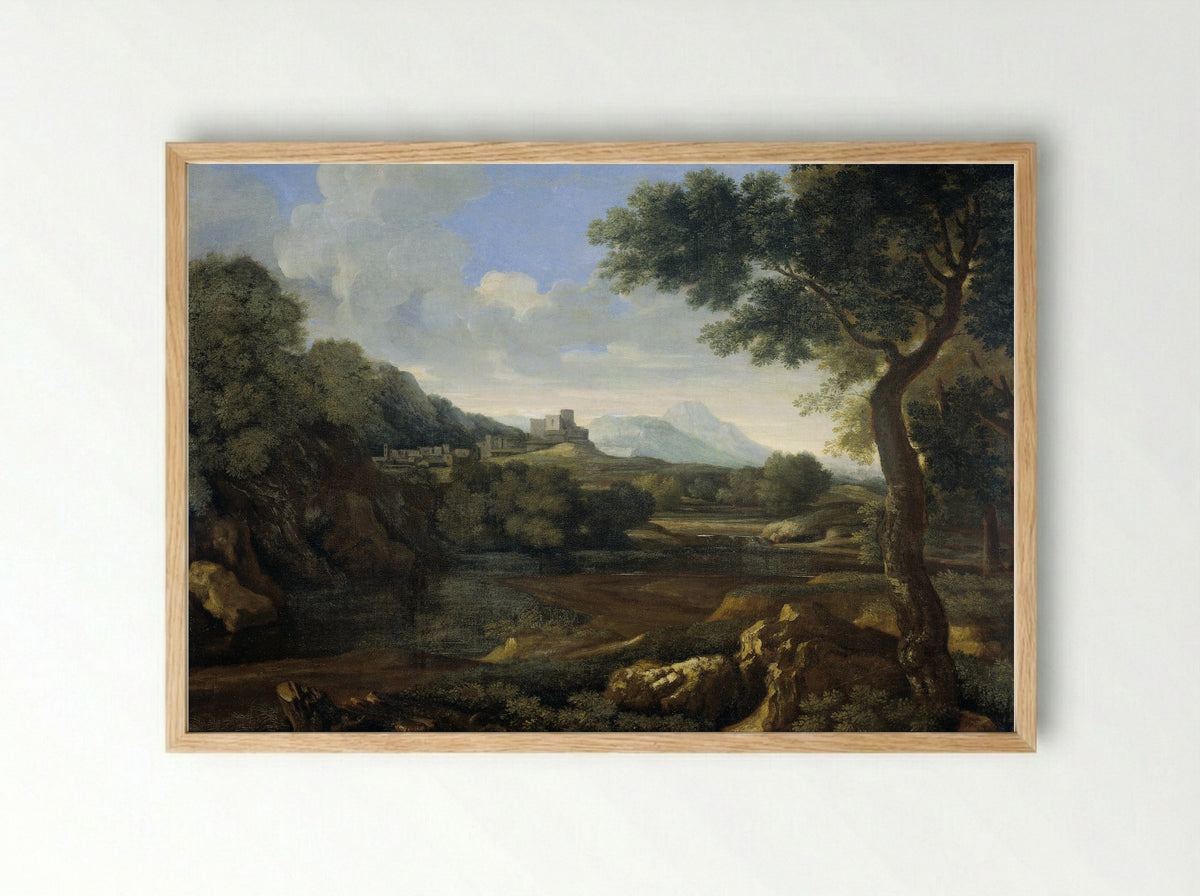 Classical Landscape with a Hilltop Fortress - Gaspard Dughet - Framed Print Wood