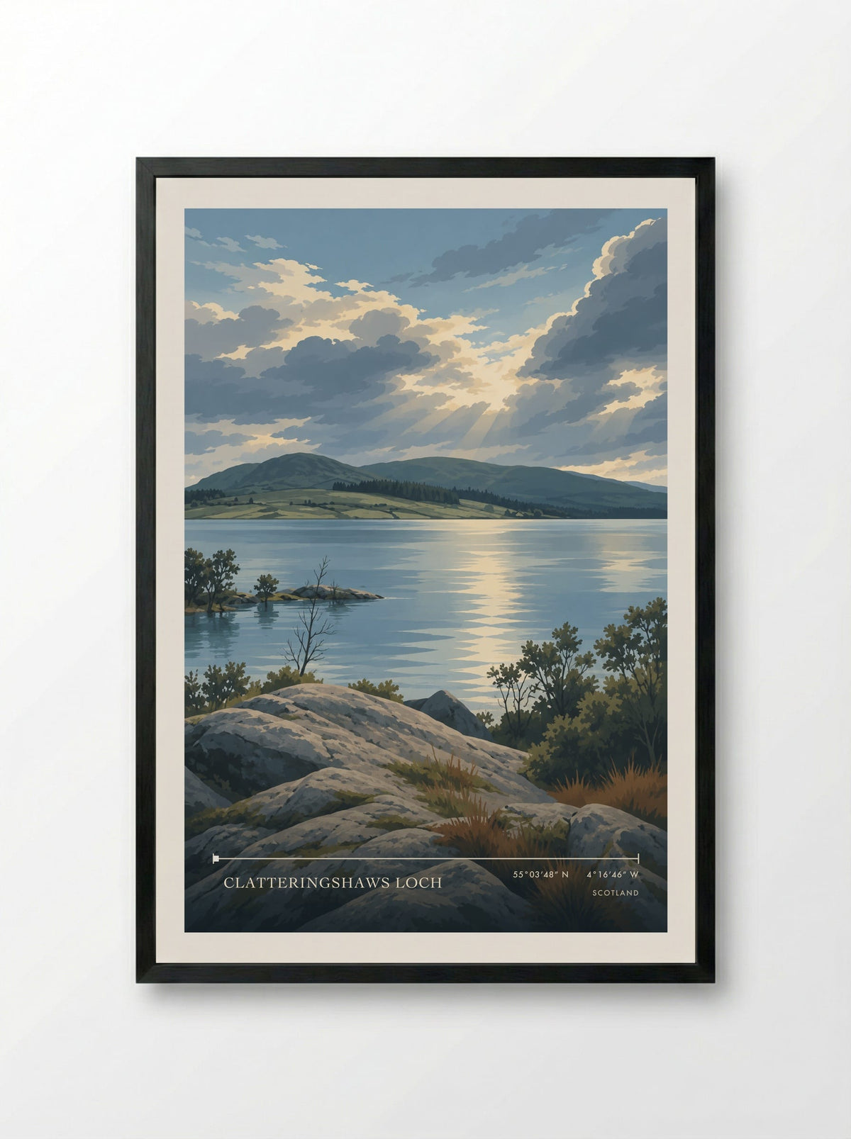 Clatteringshaws Loch | Travel Poster - Framed Print Black