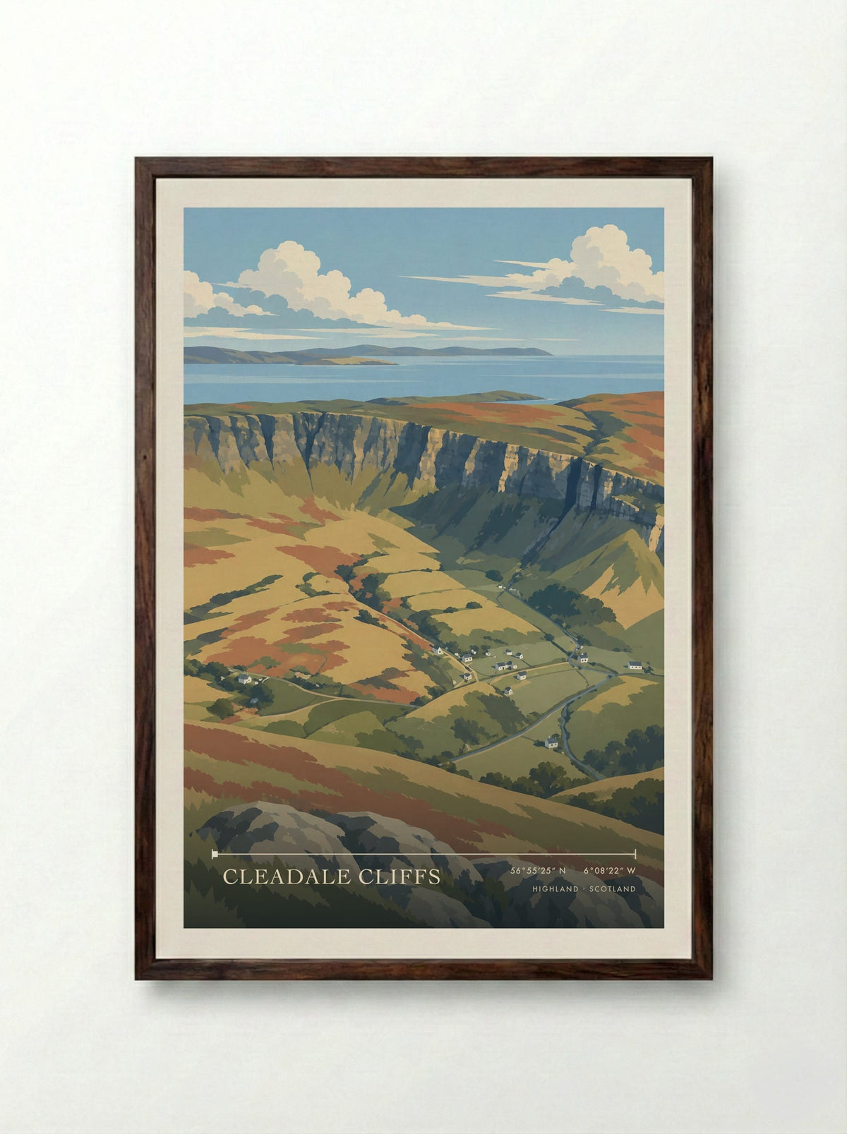 Cleadale Cliffs, Highland | Travel Poster - Framed Print Dark Wood